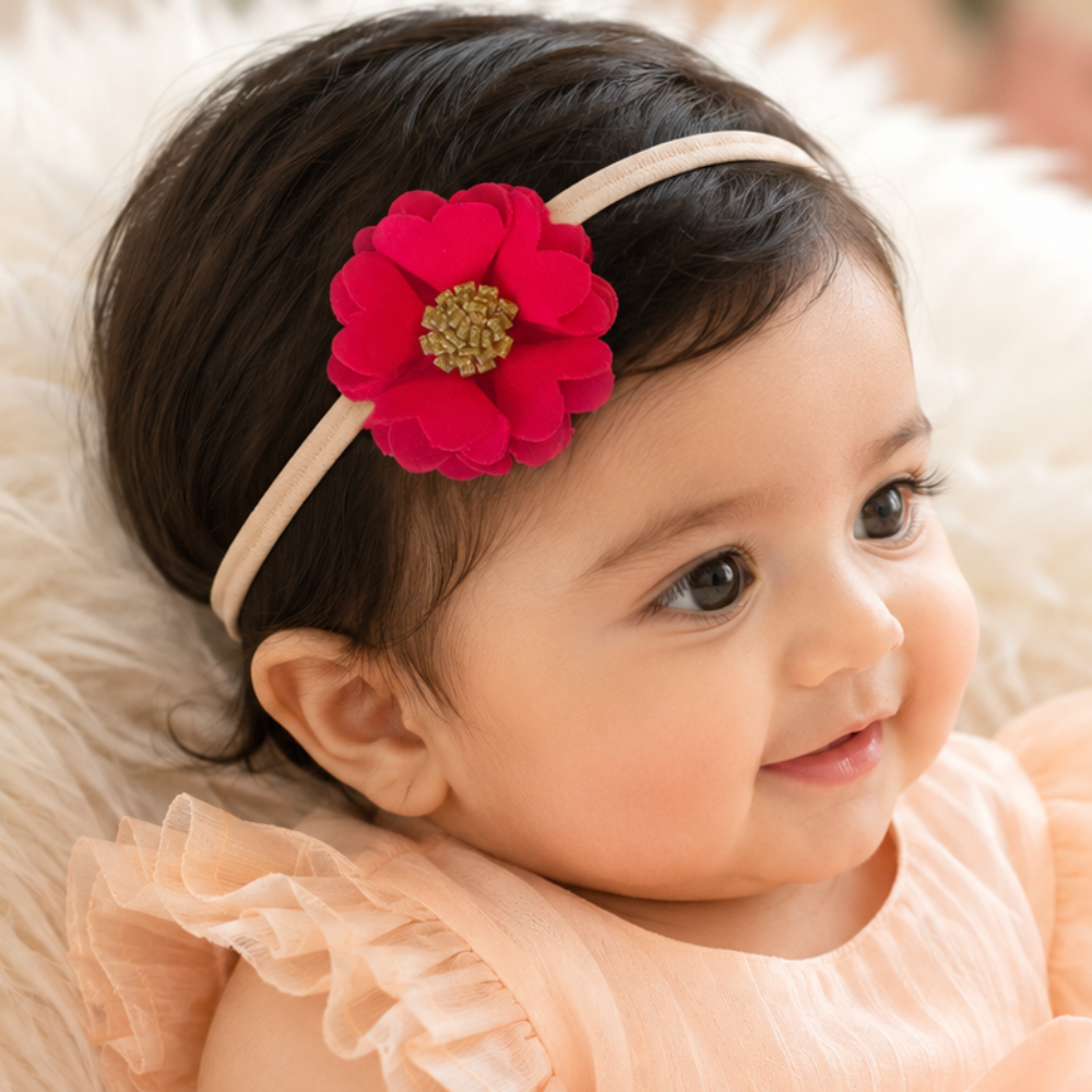 Soft scalloped flower baby headband for girls with handcrafted 6 cm floral design in 14 colors for infants and toddlers aged 0–3 years