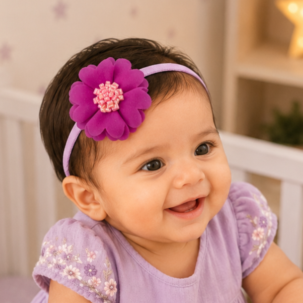 Soft scalloped flower baby headband for girls with handcrafted 6 cm floral design in 14 colors for infants and toddlers aged 0–3 years