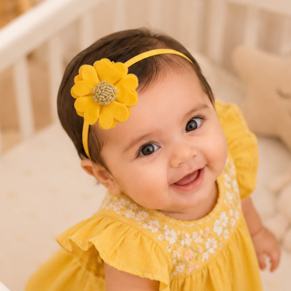 Soft scalloped flower baby headband for girls with handcrafted 6 cm floral design in 14 colors for infants and toddlers aged 0–3 years