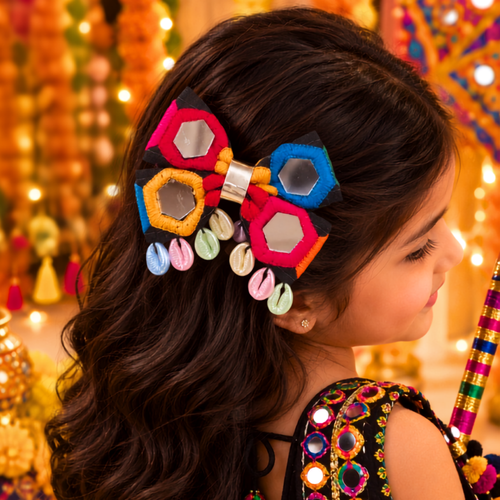 Sheesha Navratri bow alligator clip for girls in white and black, festive kids hair accessory