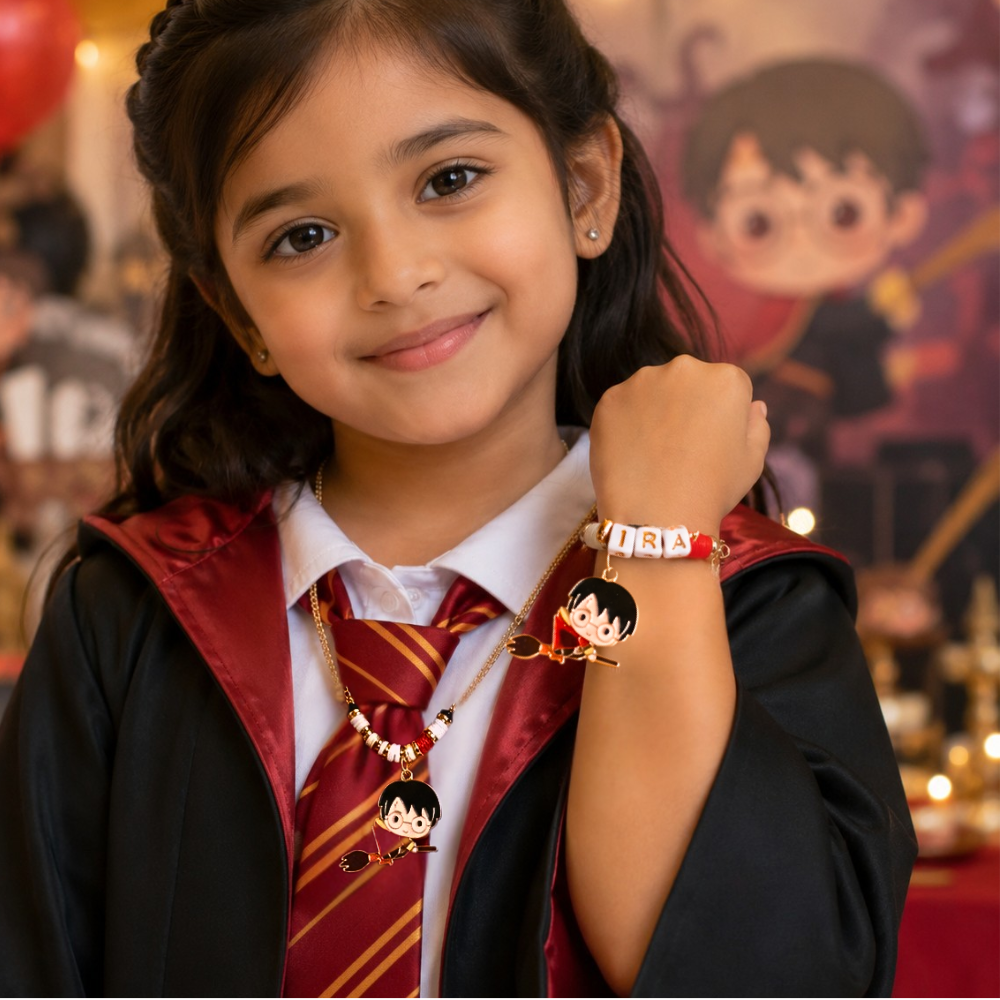 Wizard character necklace and personalized bracelet set for girls.