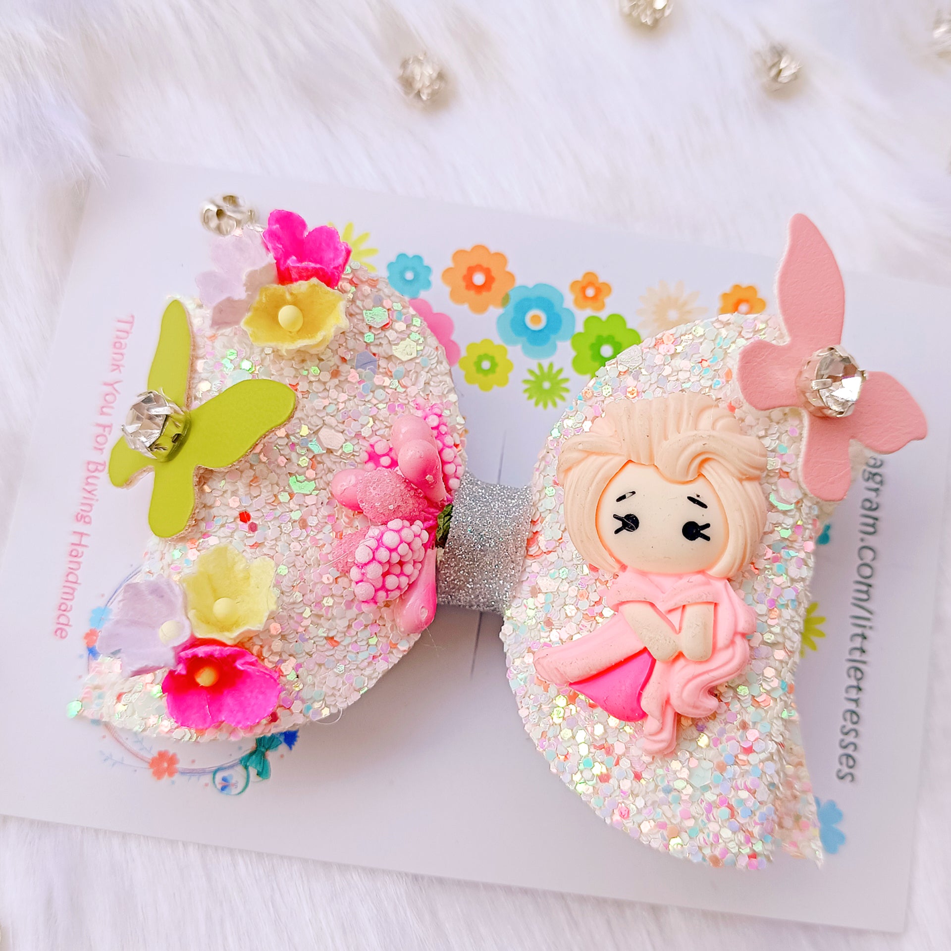 Fairy in the garden bow clip - Pink