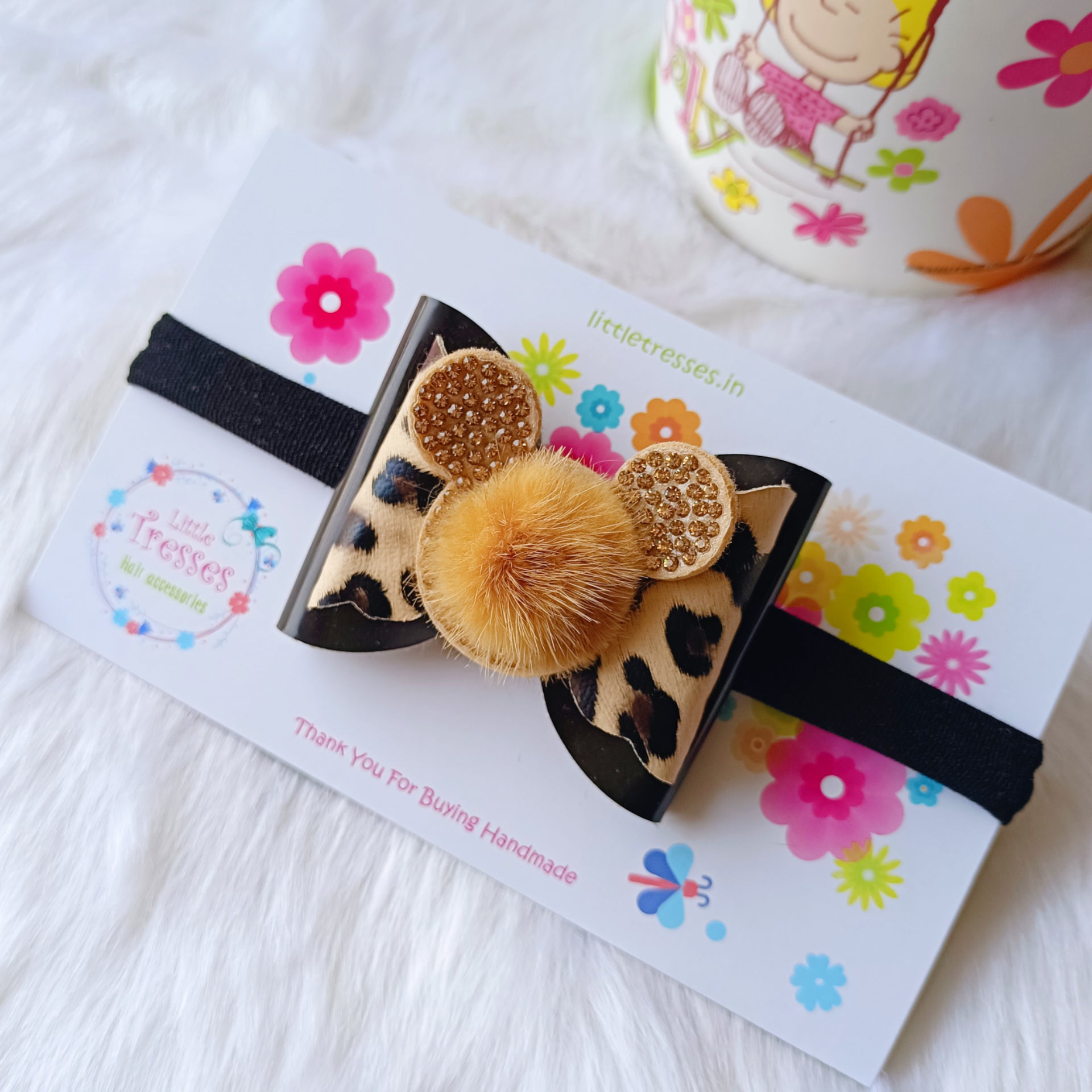 Double Layered fur Bow soft headband - Leopard Print