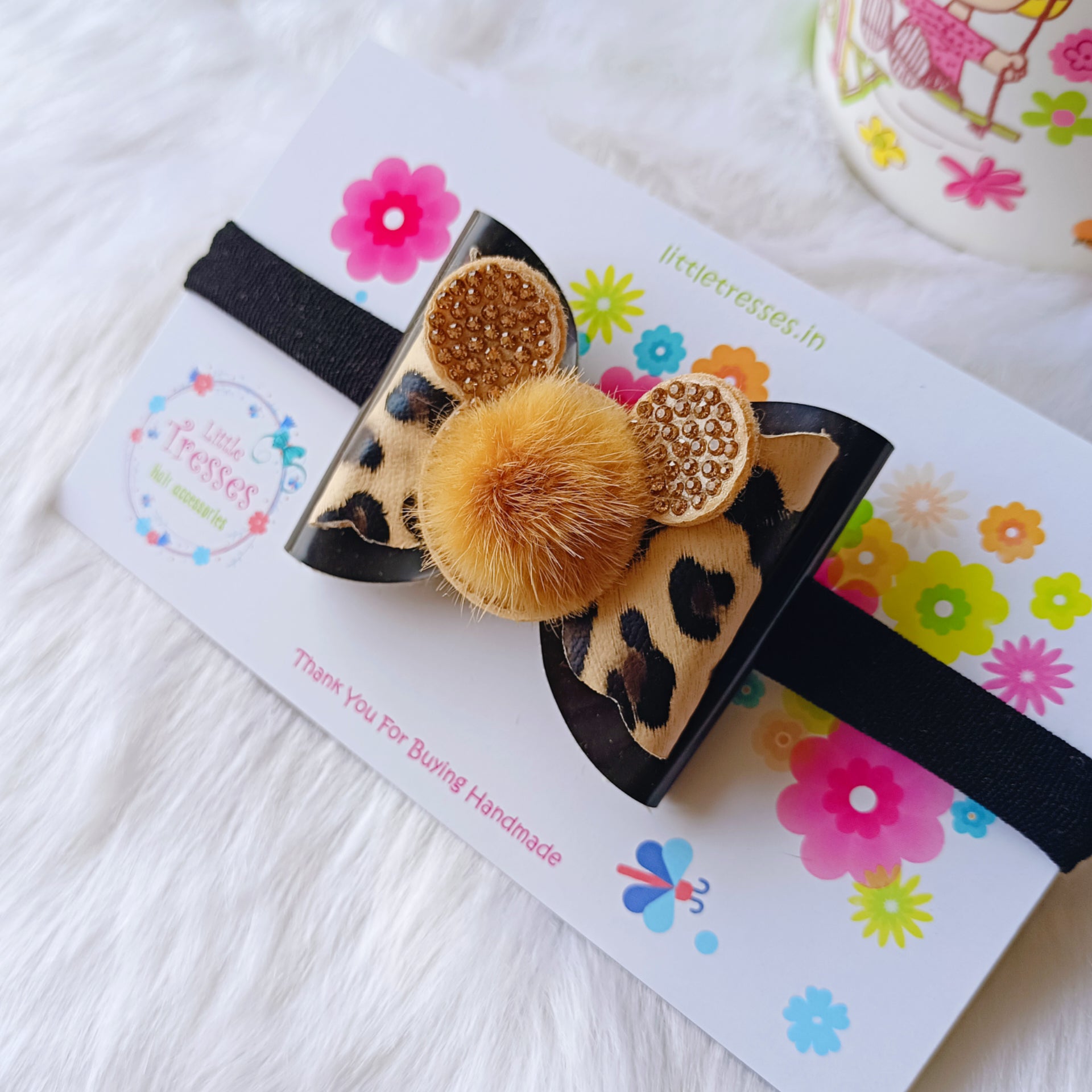 Double Layered fur Bow soft headband - Leopard Print