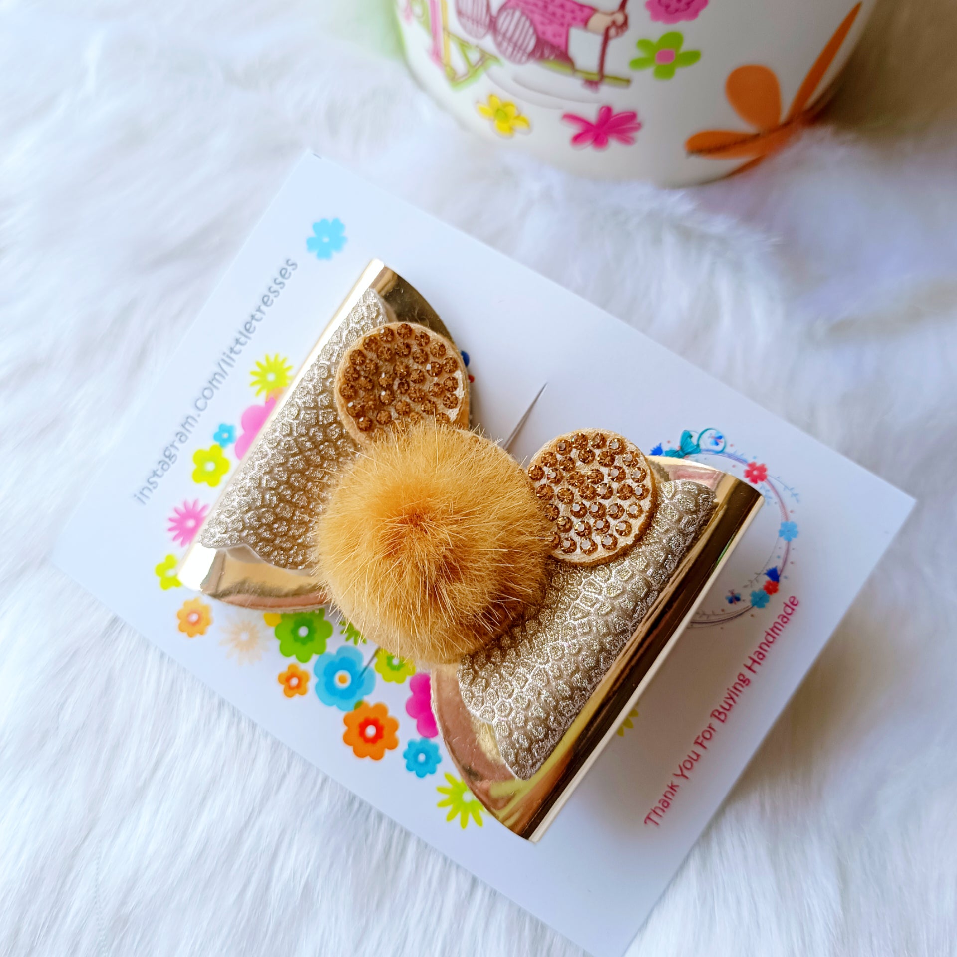 Fur Bow Alligator Clip - Golden