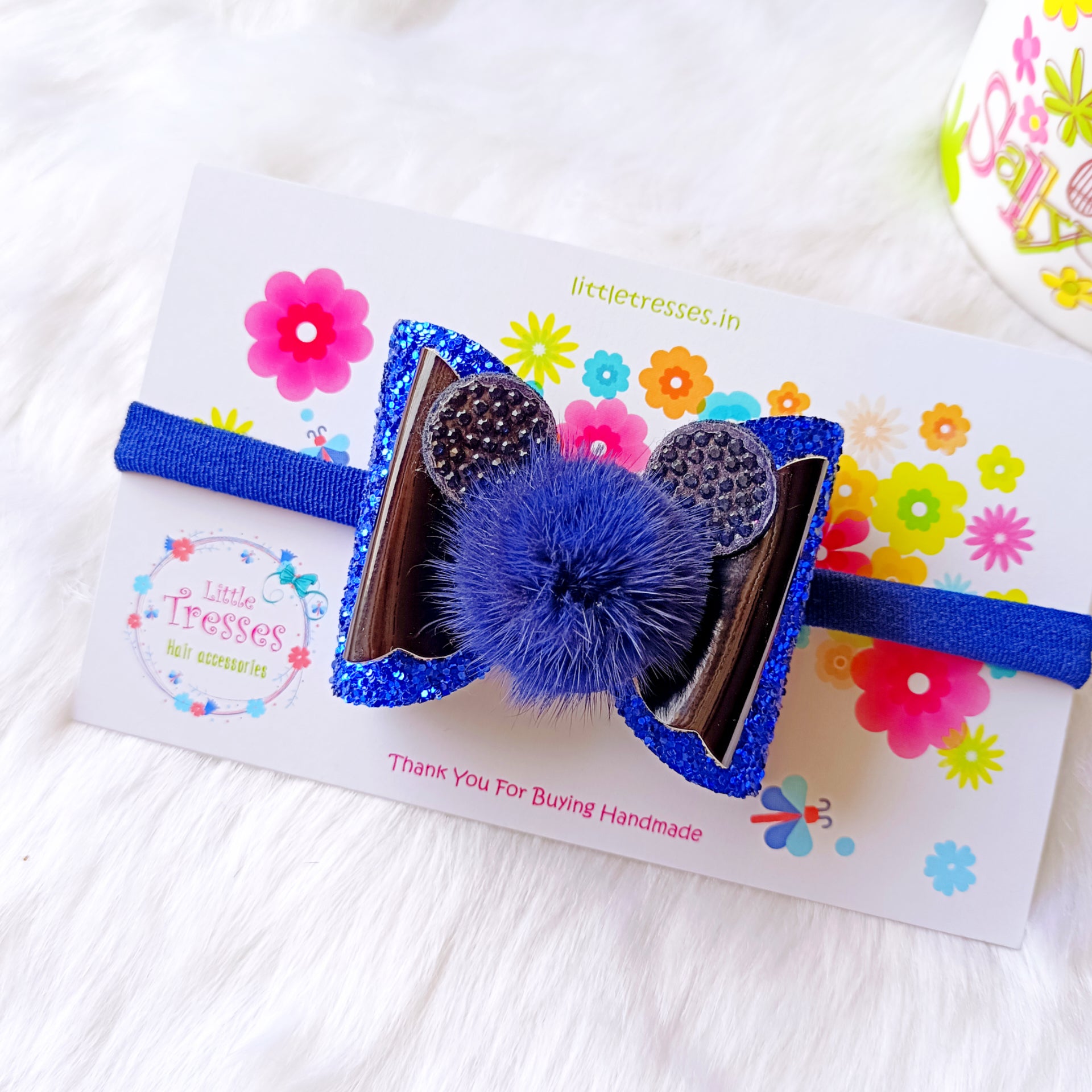Blue Double Layered fur Bow soft headband