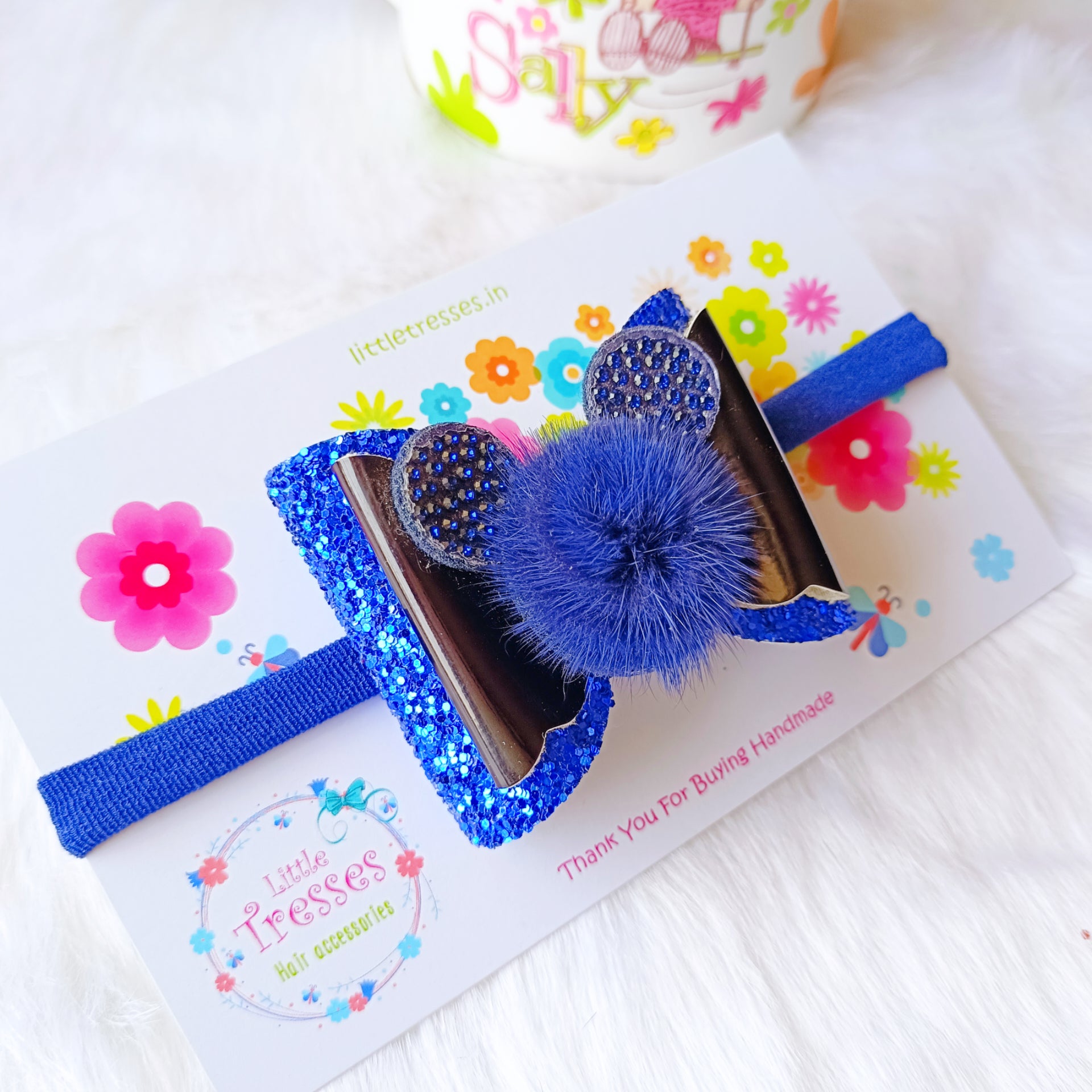 Blue Double Layered fur Bow soft headband