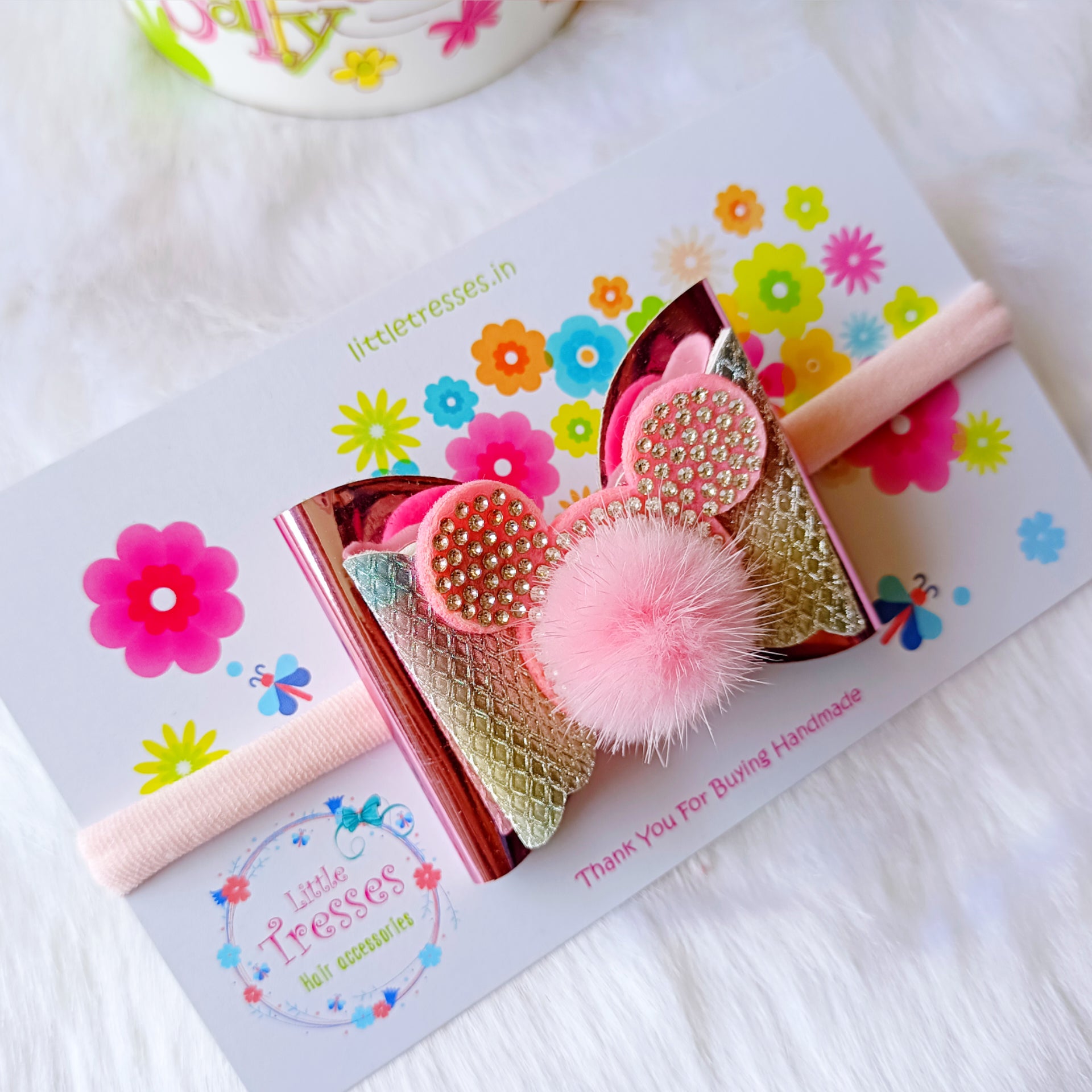 Double Layered fur Bow soft headband - Light Pink