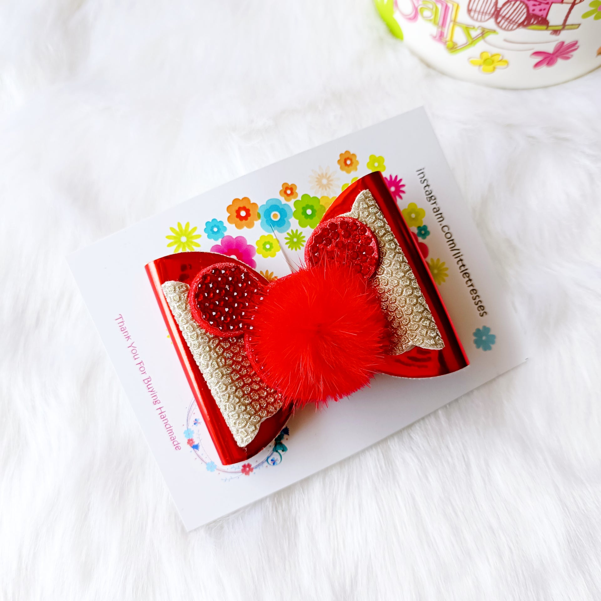 Little Tresses Fur Bow Alligator Clip - Red & Gold