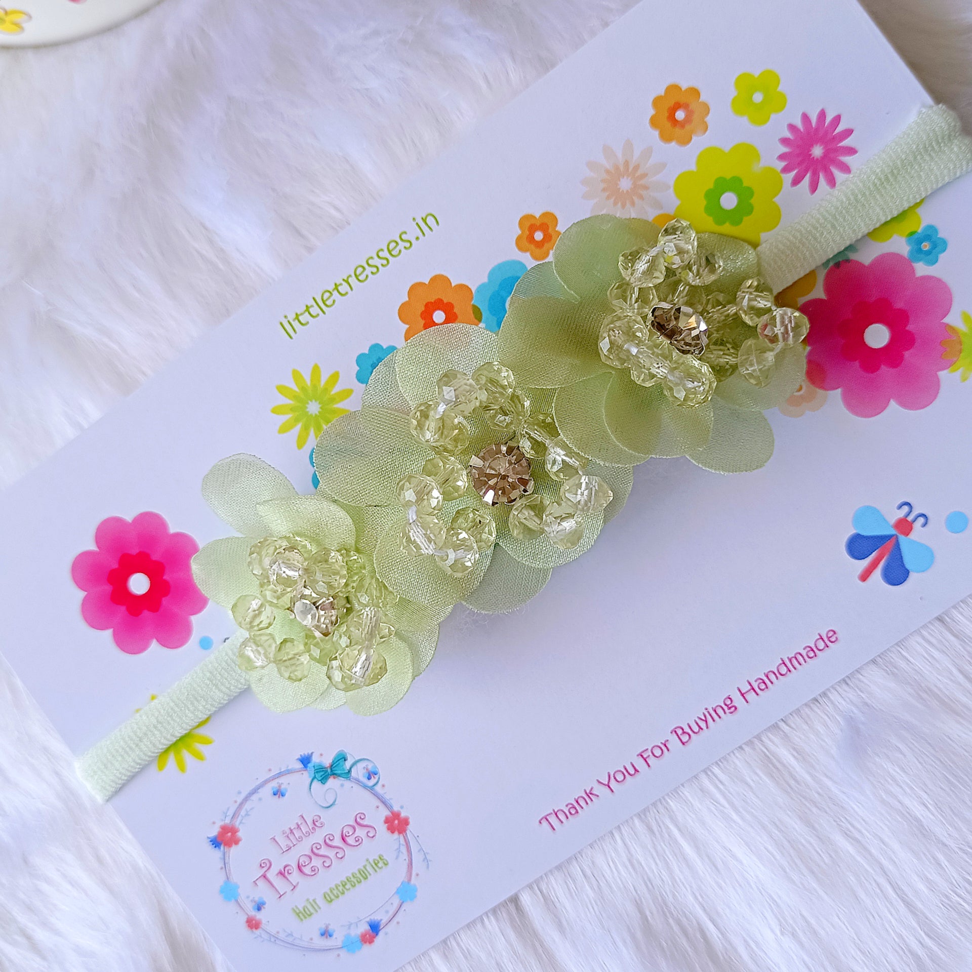 3 Mesh Flowers Soft Stretchable Headband - Pista Green