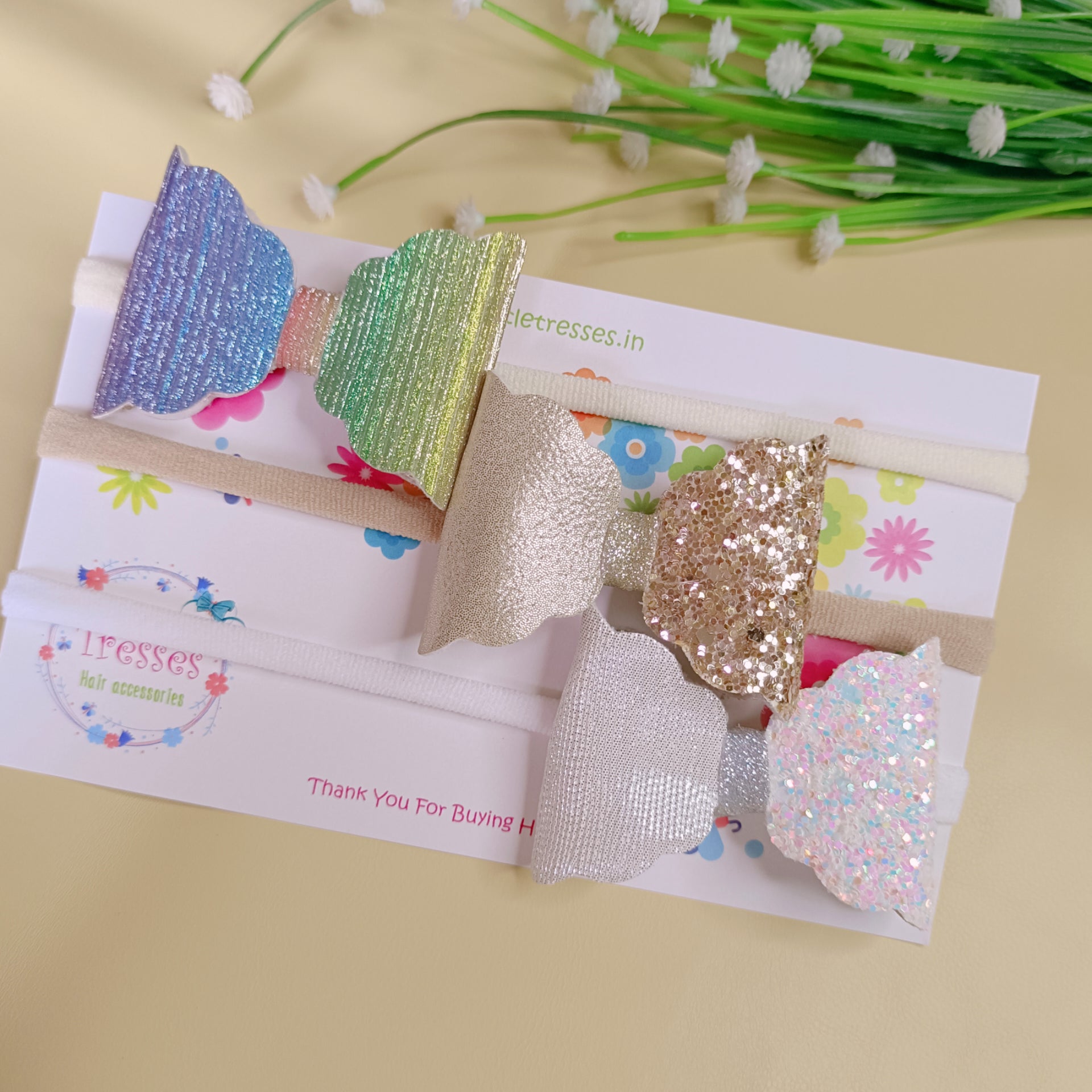 Combo of 3 Scalloped Bow Headbands - White, Golden & Multicolor