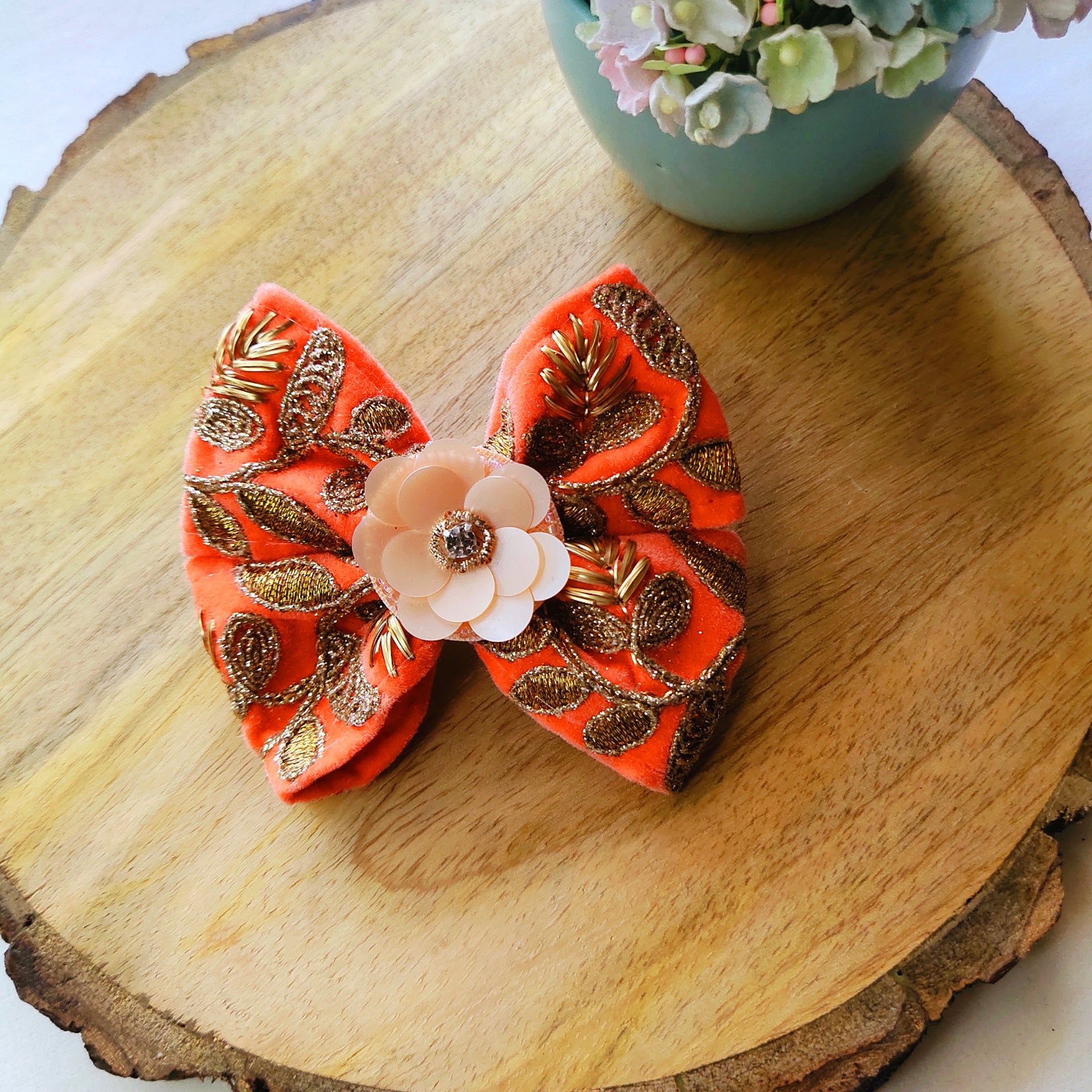 Peach Velvet Big Ethnic Bow Clip