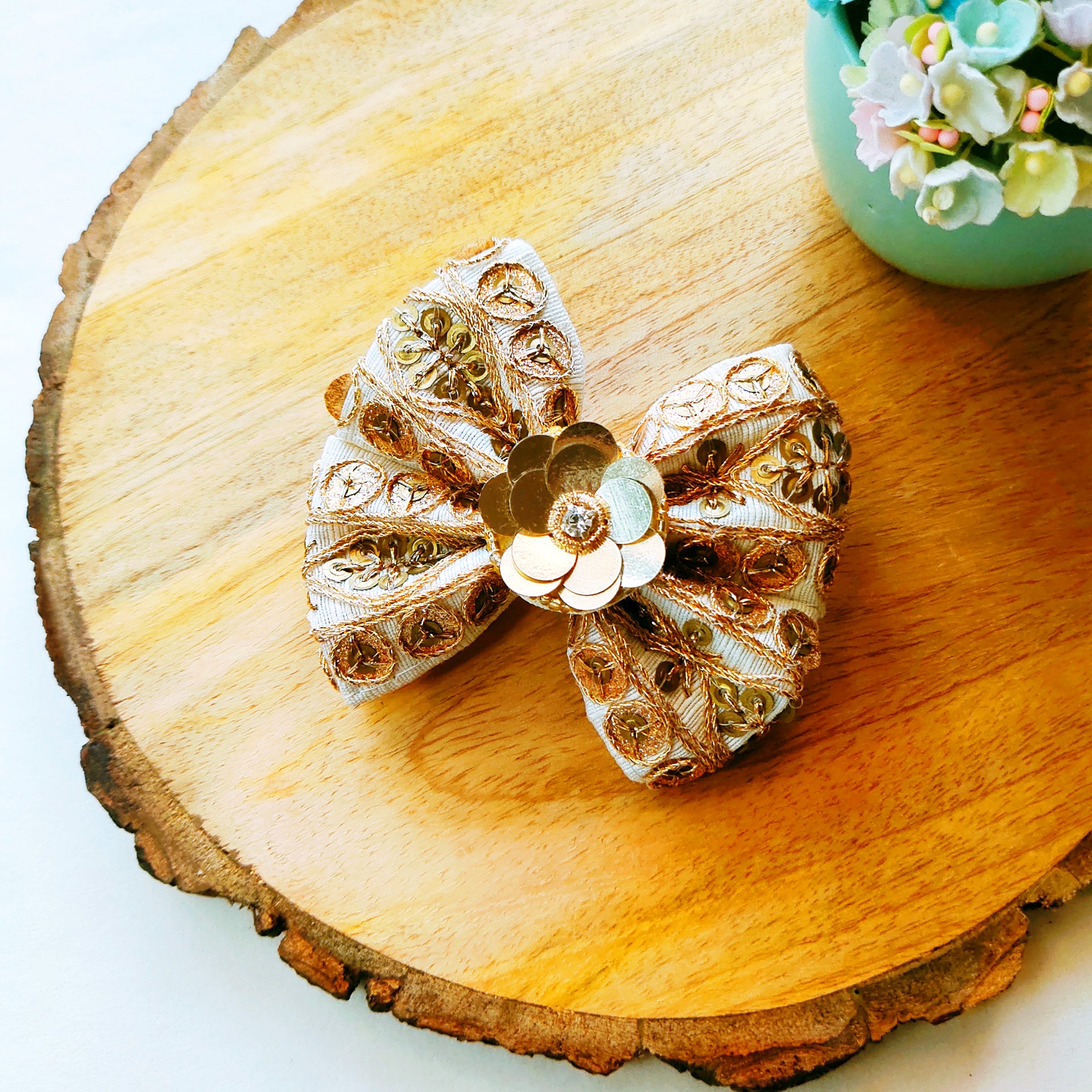 Cream & Golden Big Ethnic Bow Clip