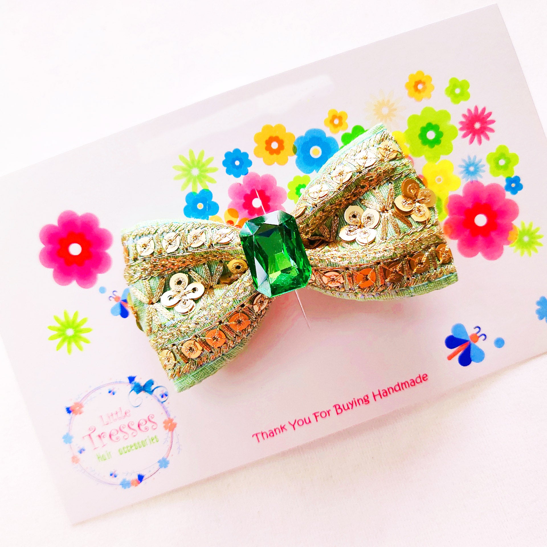 Single Layered Embroidery Bow Clip - Light Green