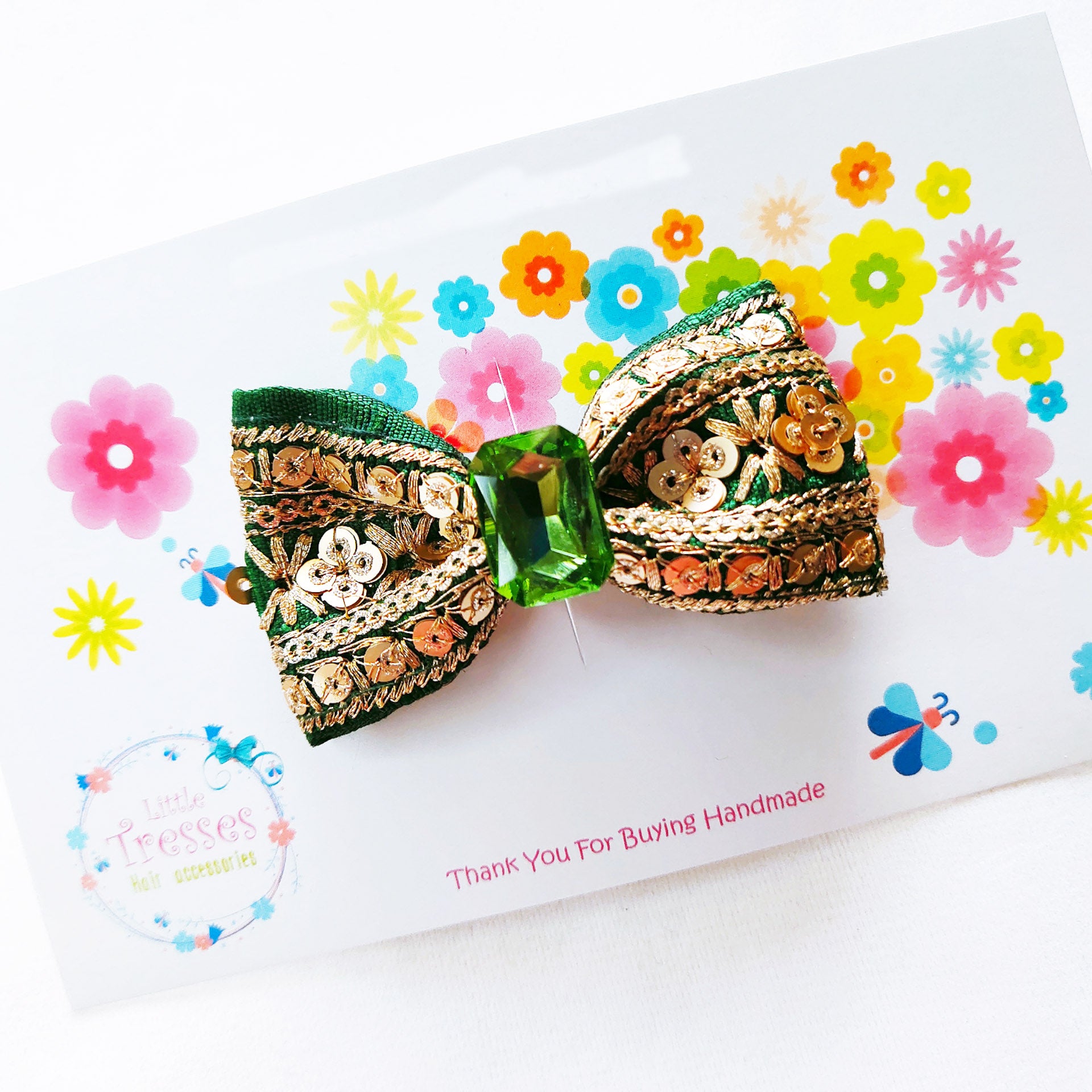 Single Layered Embroidery Bow Clip - Dark Green