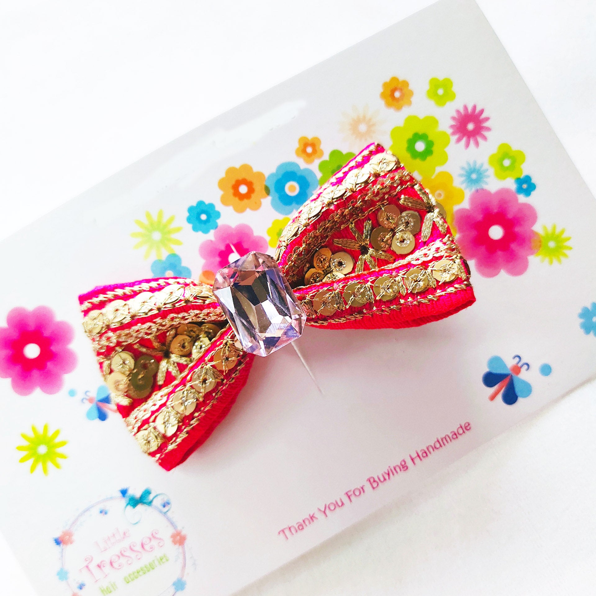 Single Layered Embroidery Bow Clip - Dark Pink