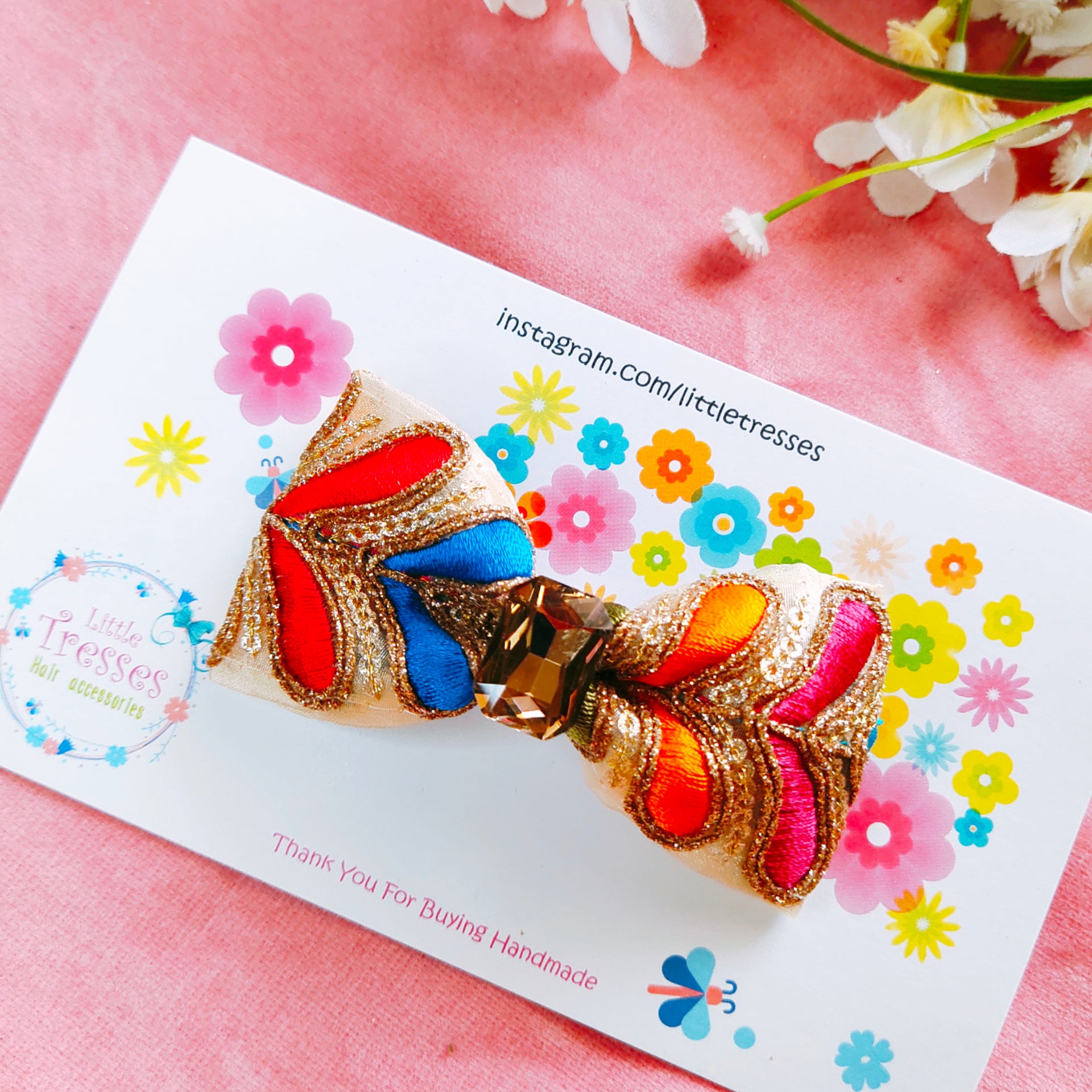 Single Layered Embroidery Bow Clip - Multicolor