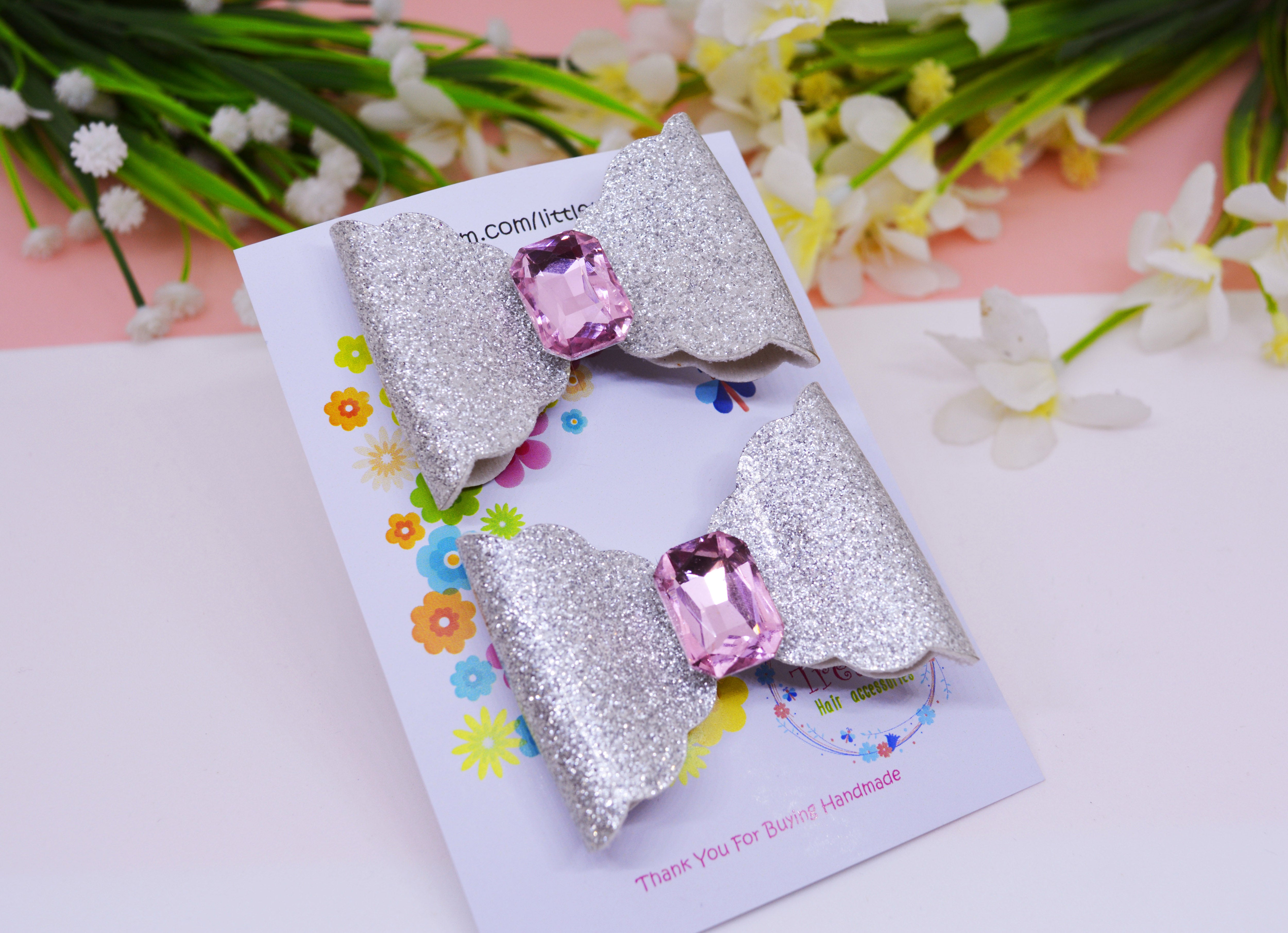 Scalloped Bow with big Rhinestone center Pair - Silver & Pink