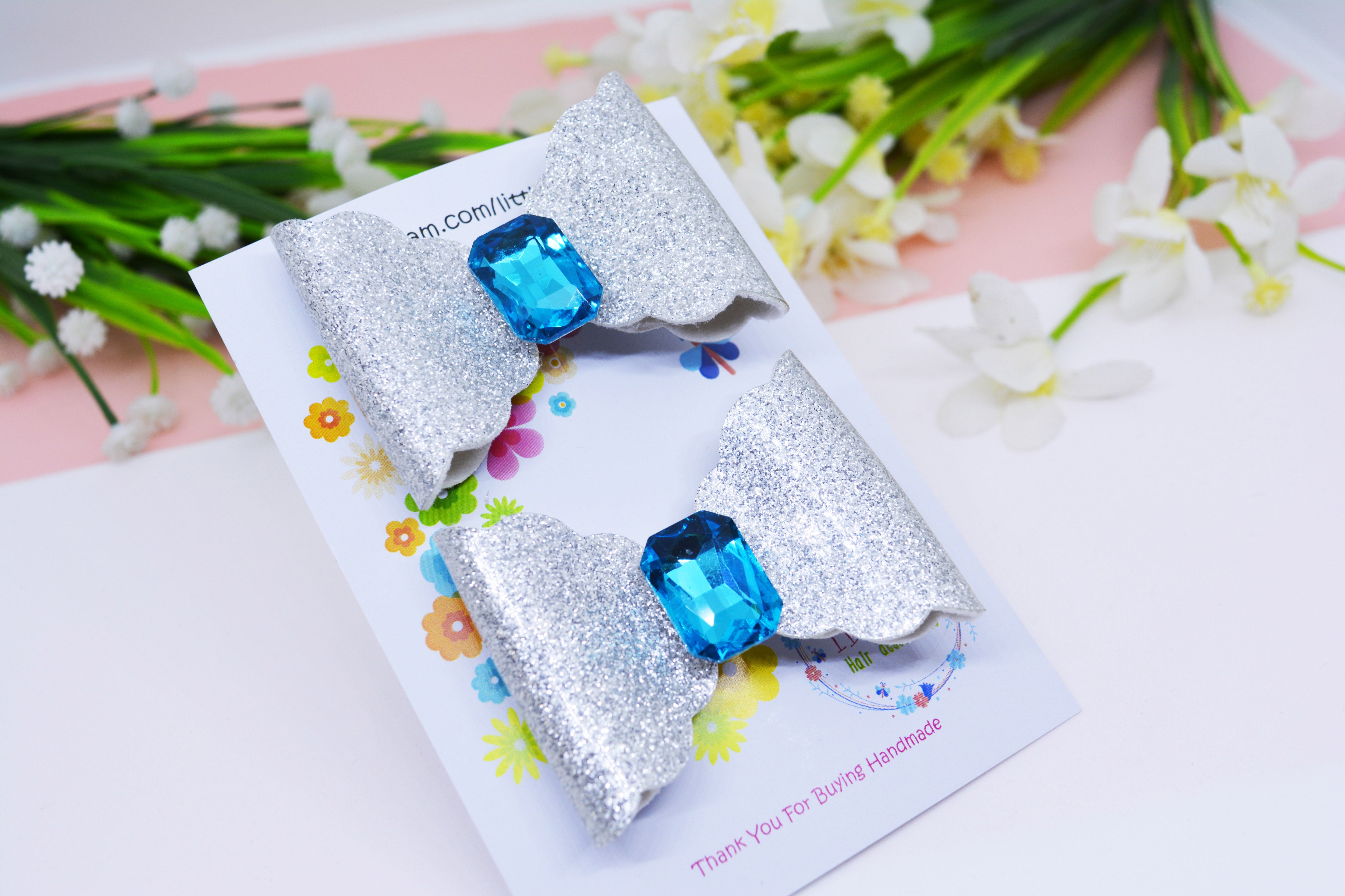 Scalloped Bow with big Rhinestone center Pair - Silver & Blue