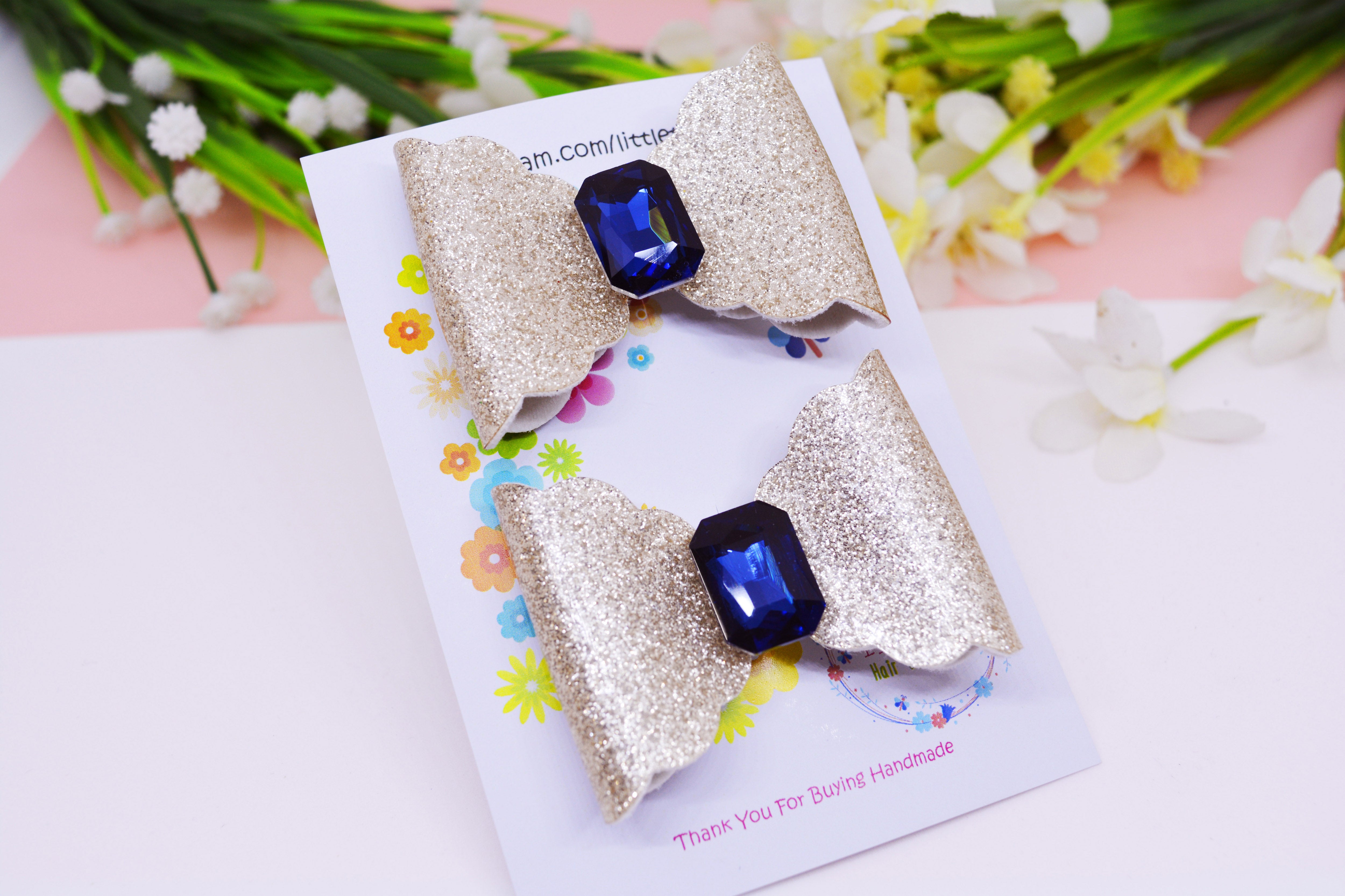 Scalloped Bow with big Rhinestone center Pair - Golden & Dark Blue