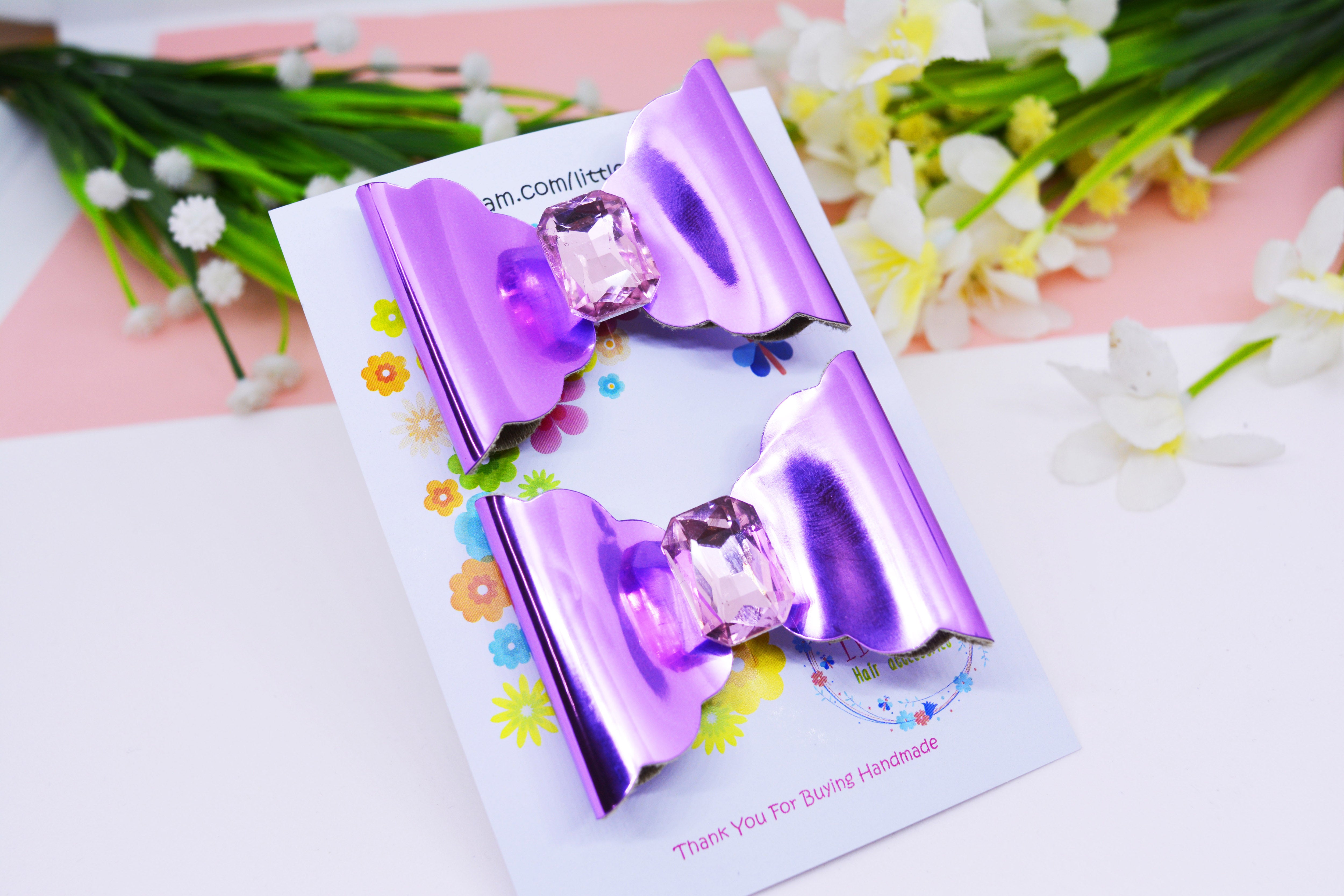 Scalloped Bow with big Rhinestone center Pair - Purple