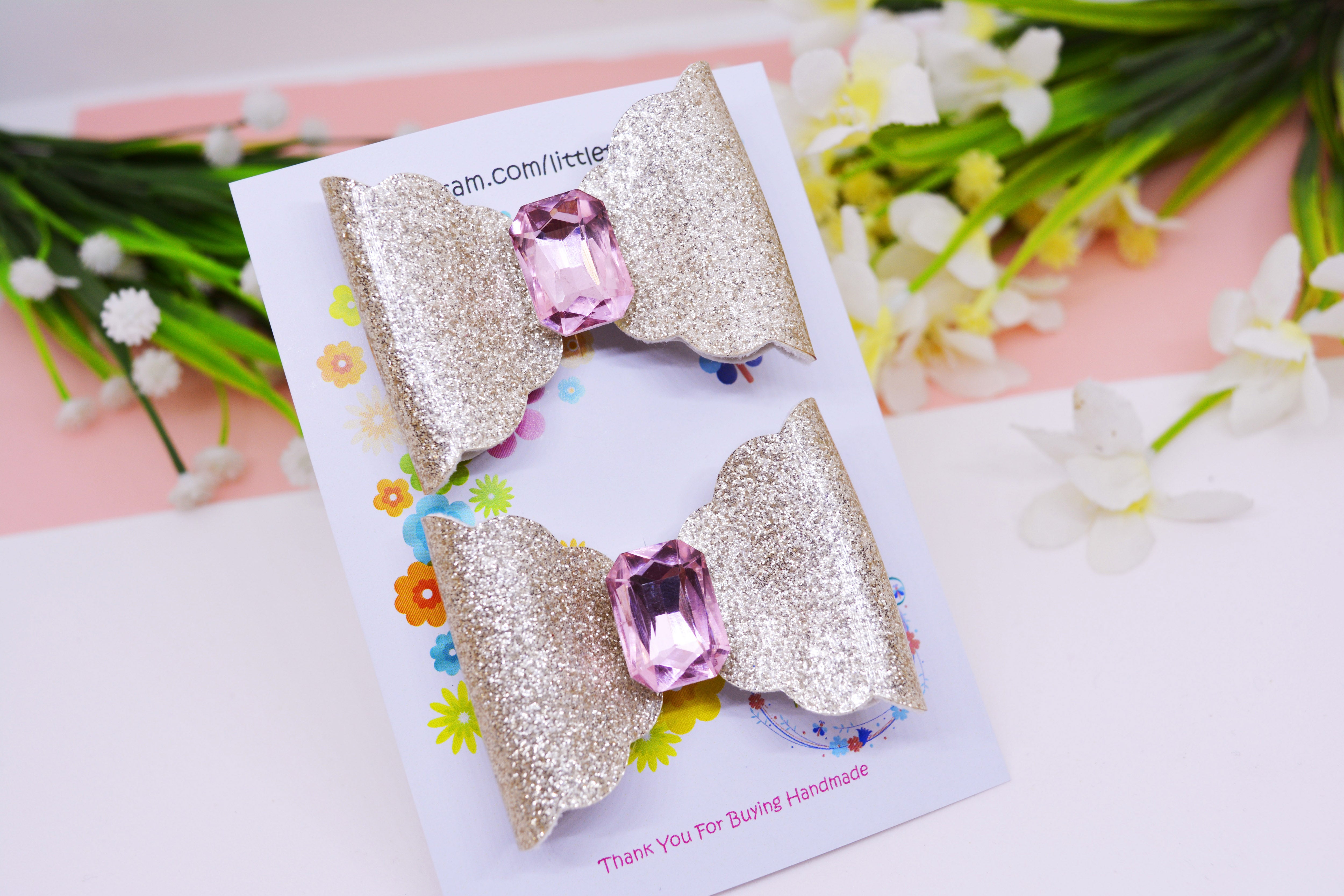 Scalloped Bow with big Rhinestone center Pair - Golden & Pink