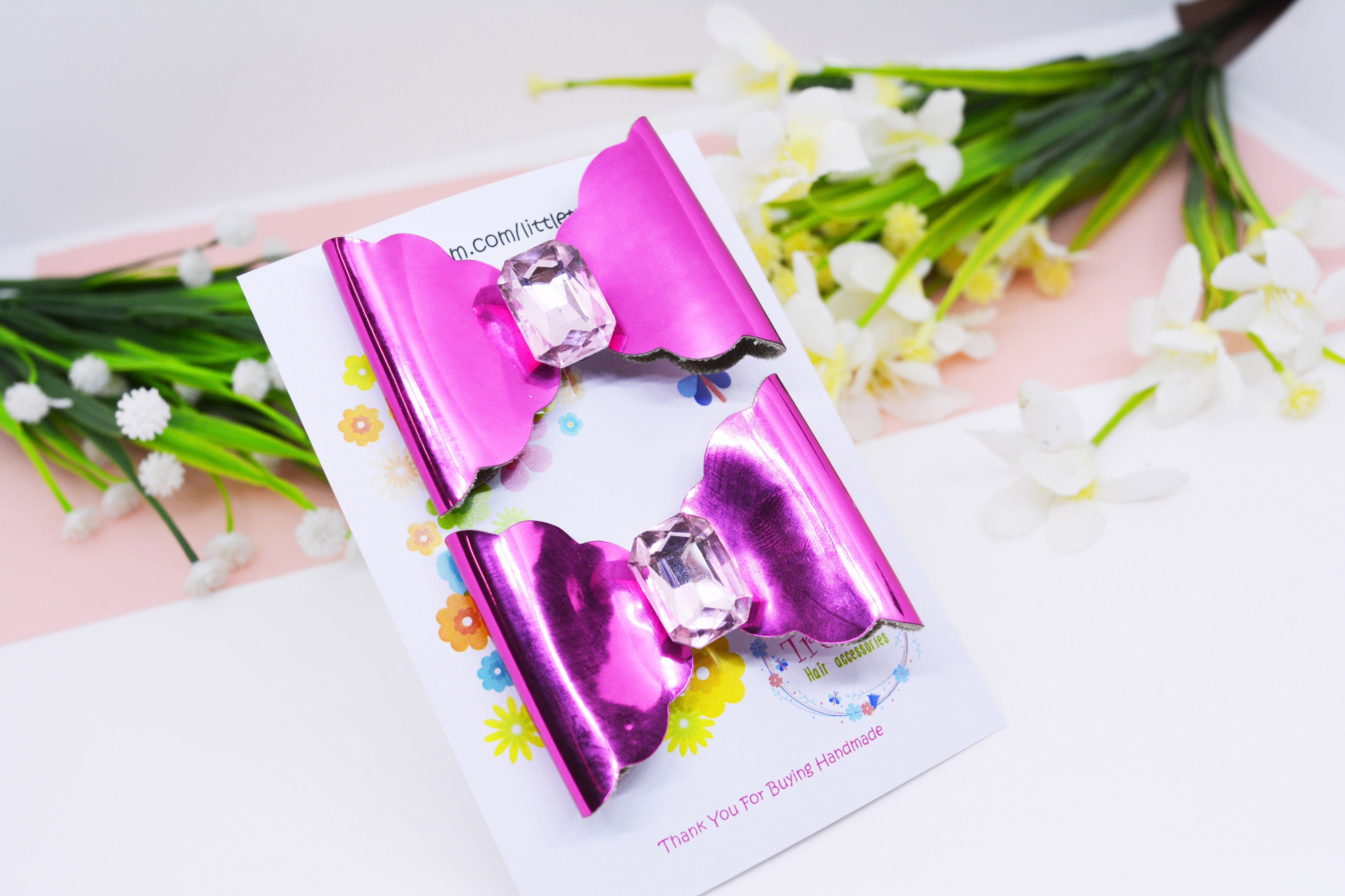 Scalloped Bow with big Rhinestone center Pair - Dark Pink