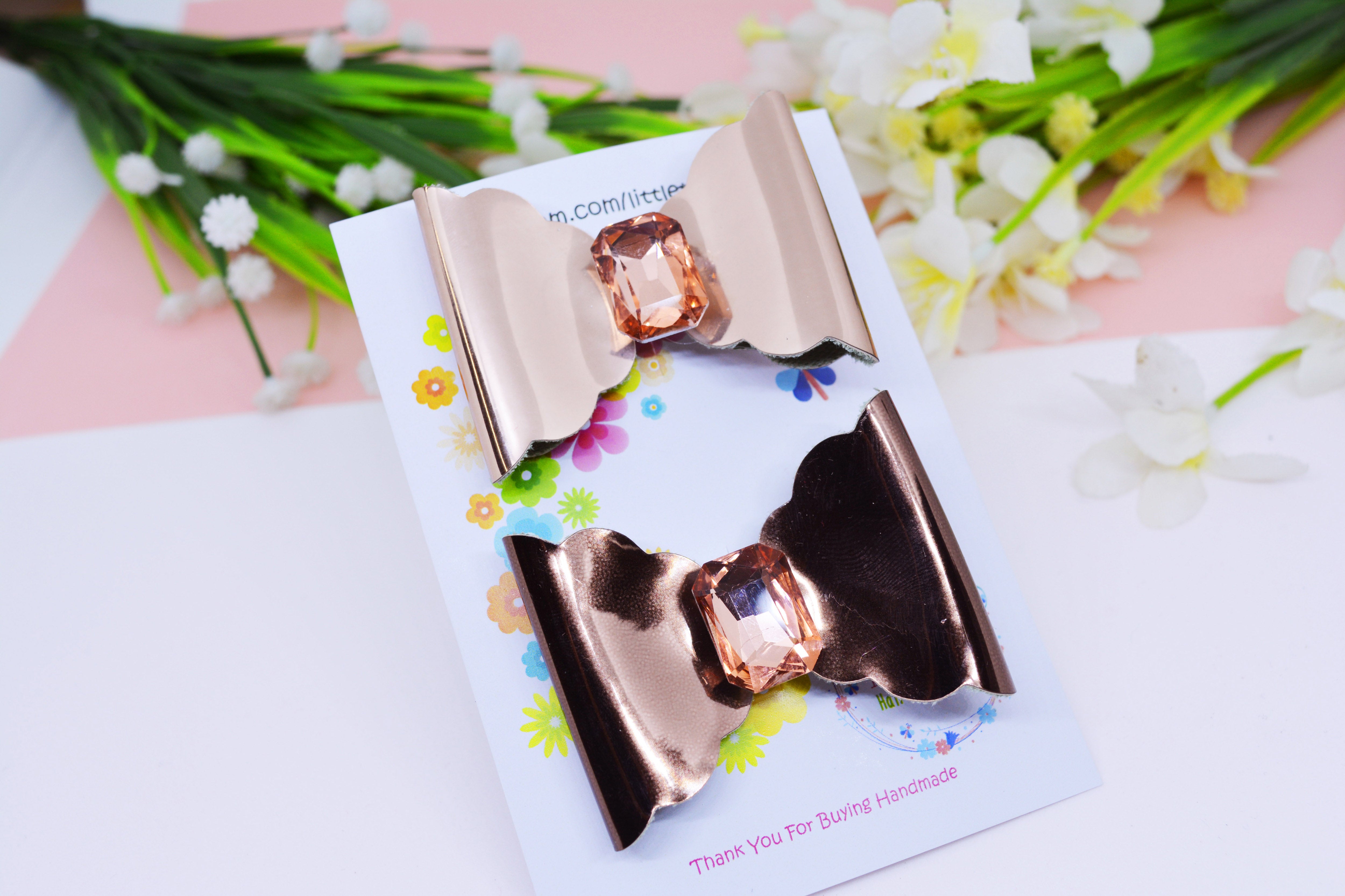 Scalloped Bow with big Rhinestone center Pair - Rose Gold