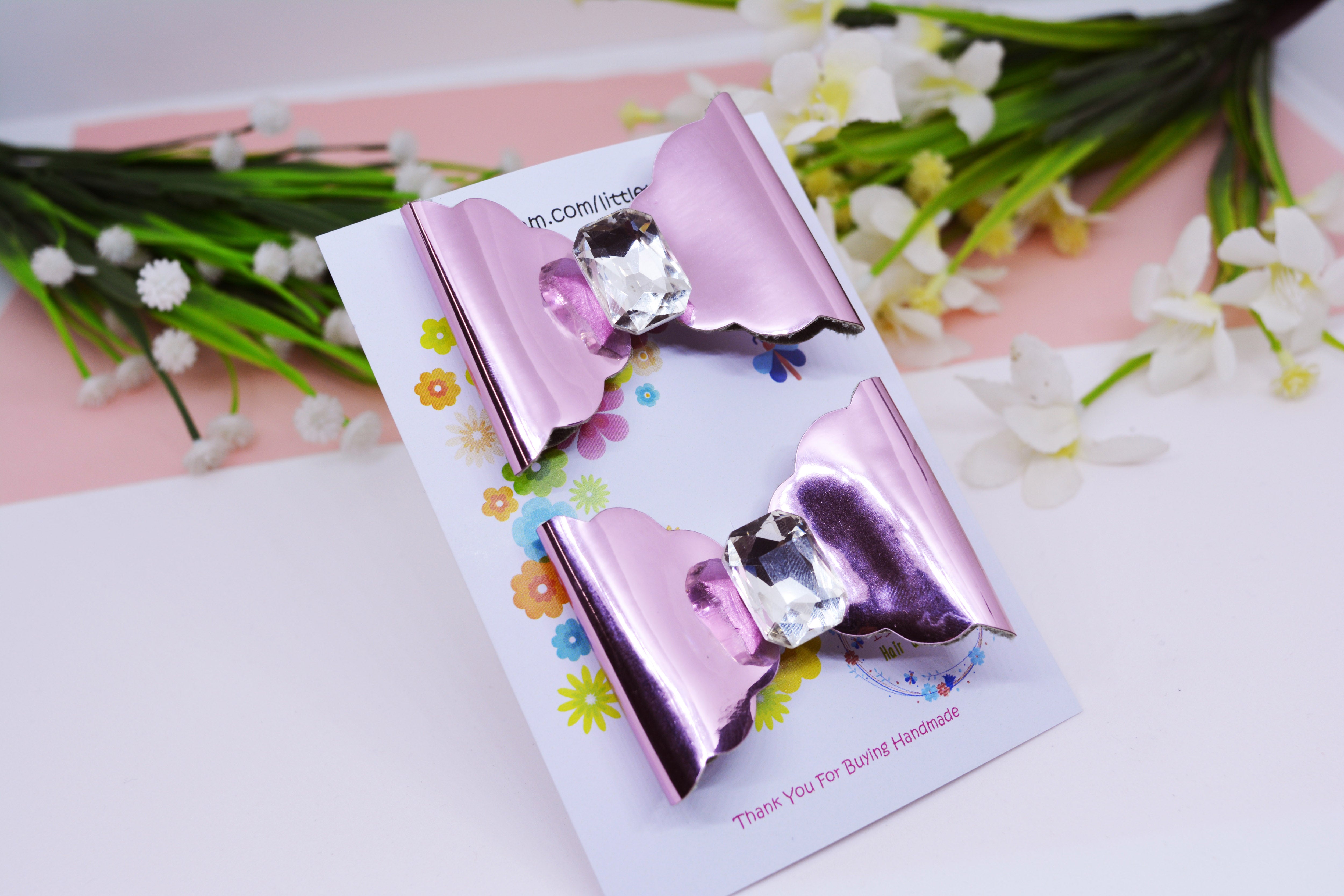 Scalloped Bow with big Rhinestone center Pair - Light Pink Mirror