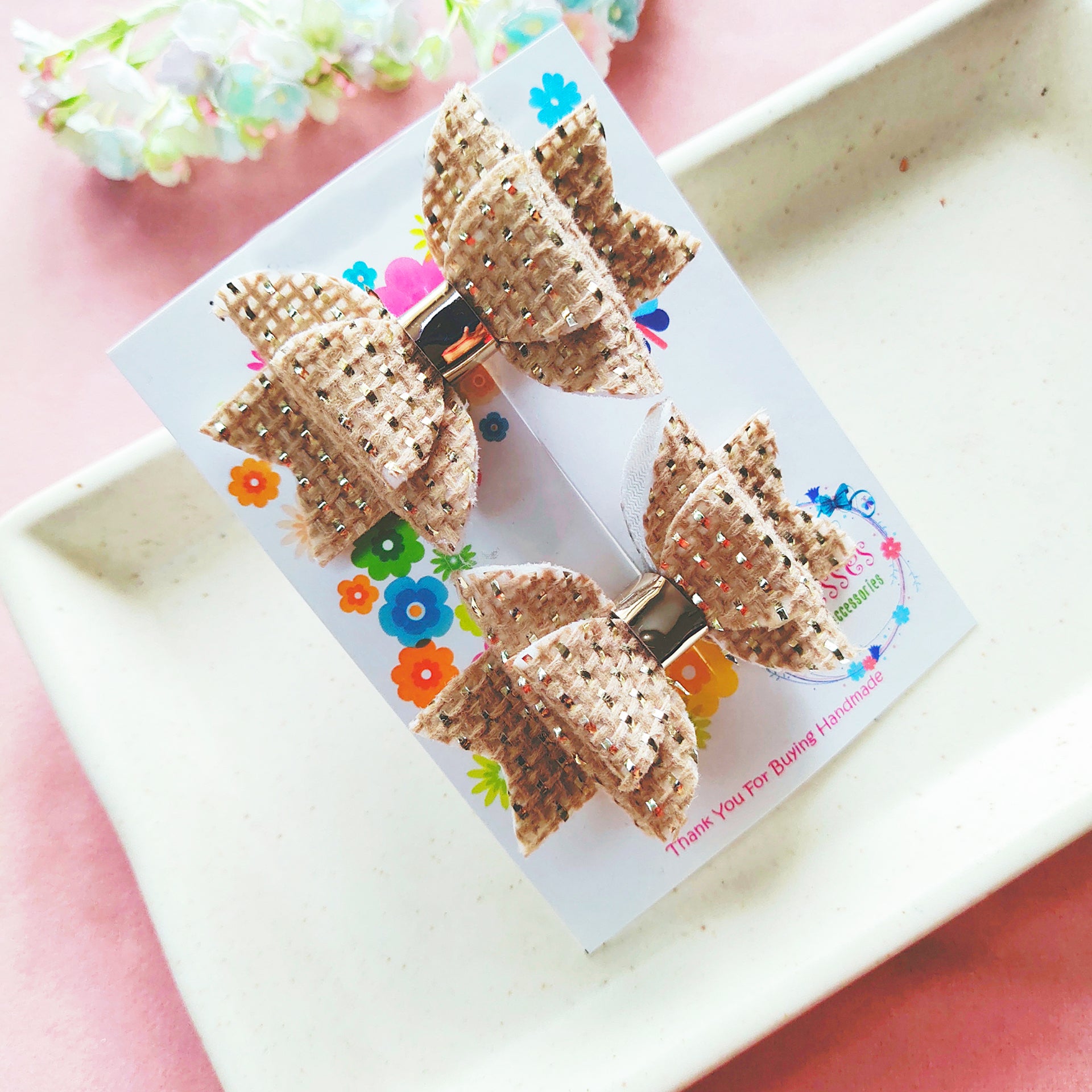 Double Layered Side Clip Pair - Light Brown Jute