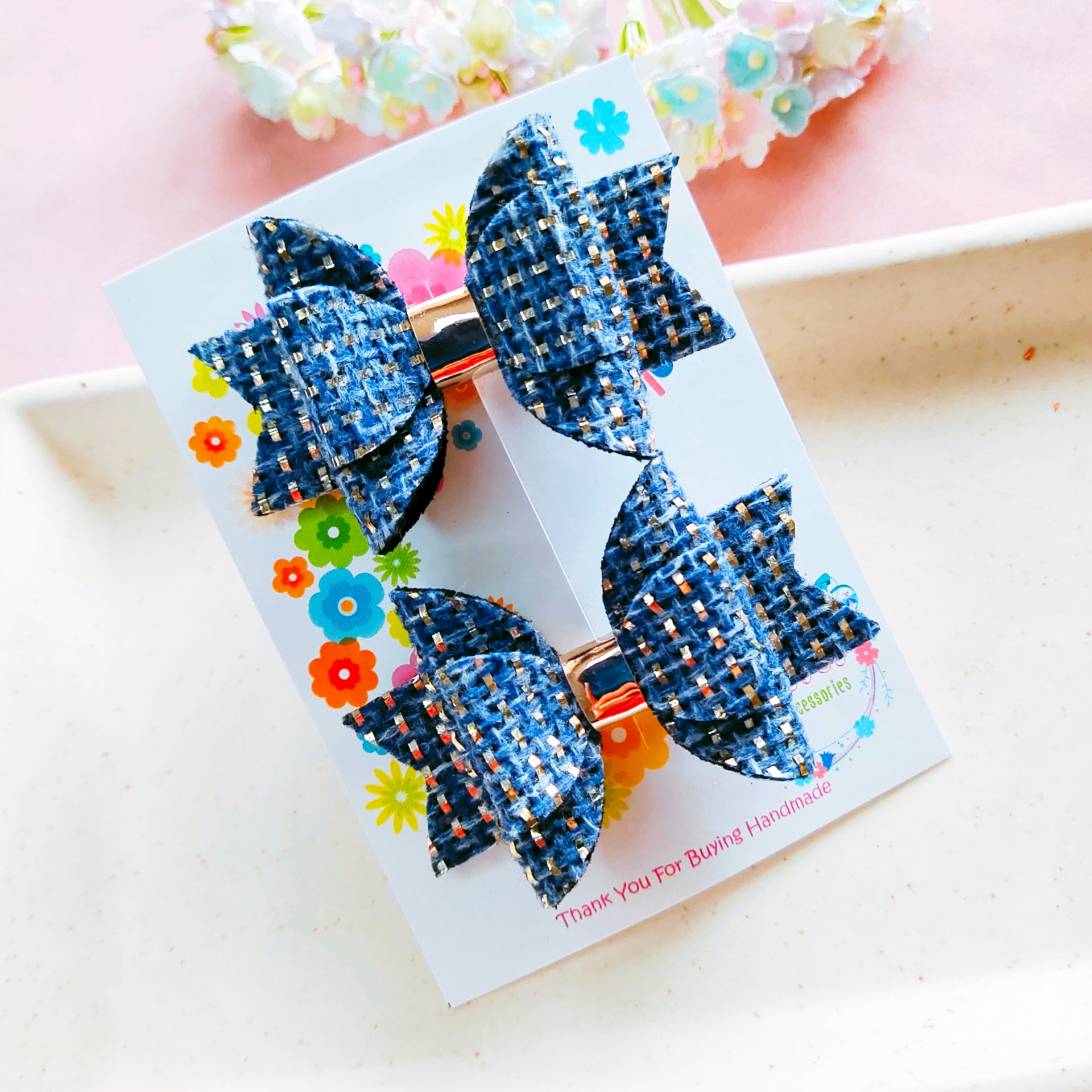 Double Layered Side Clip Pair - Blue Jute