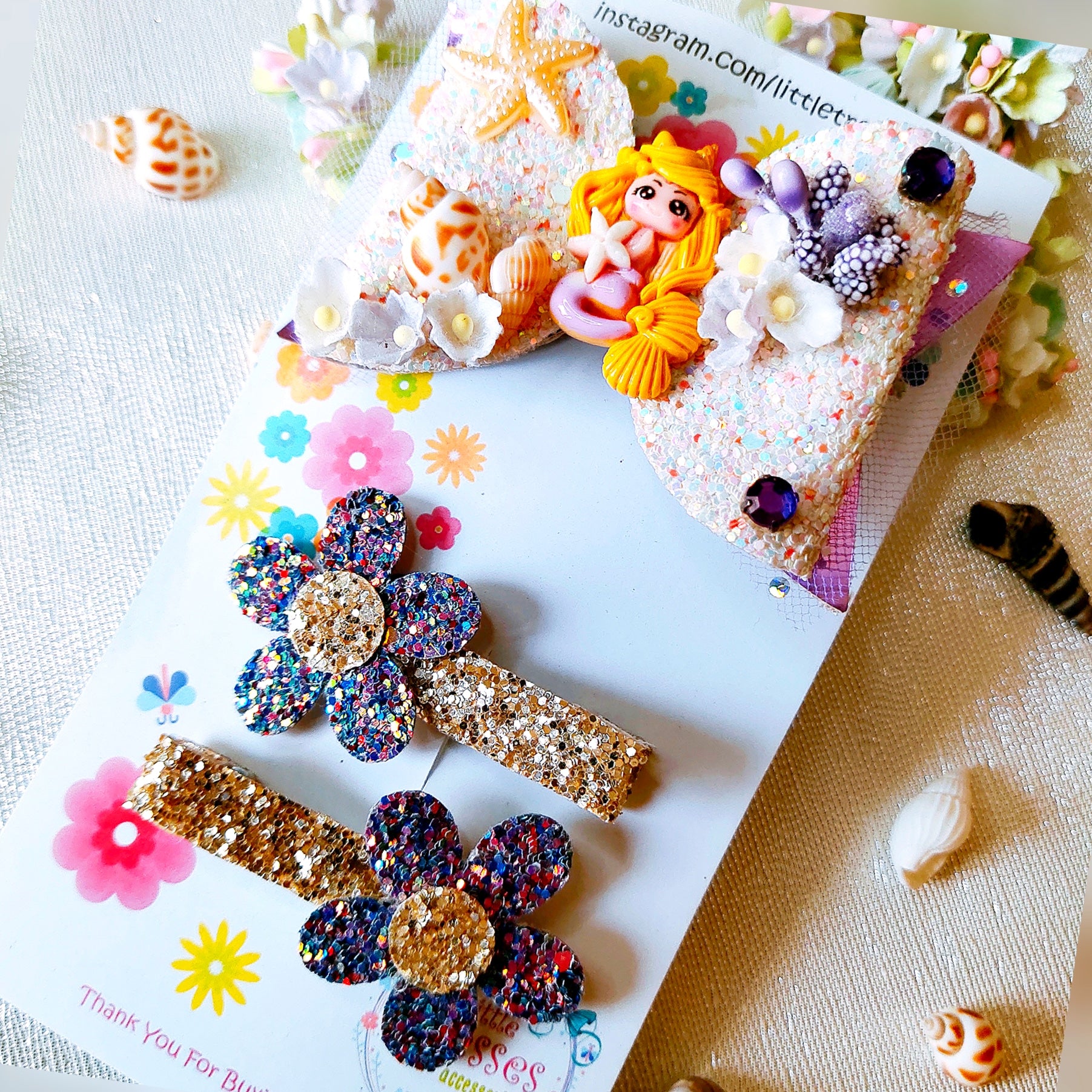 Combo of Mermaid Bow & 2 Flower Clips - Purple