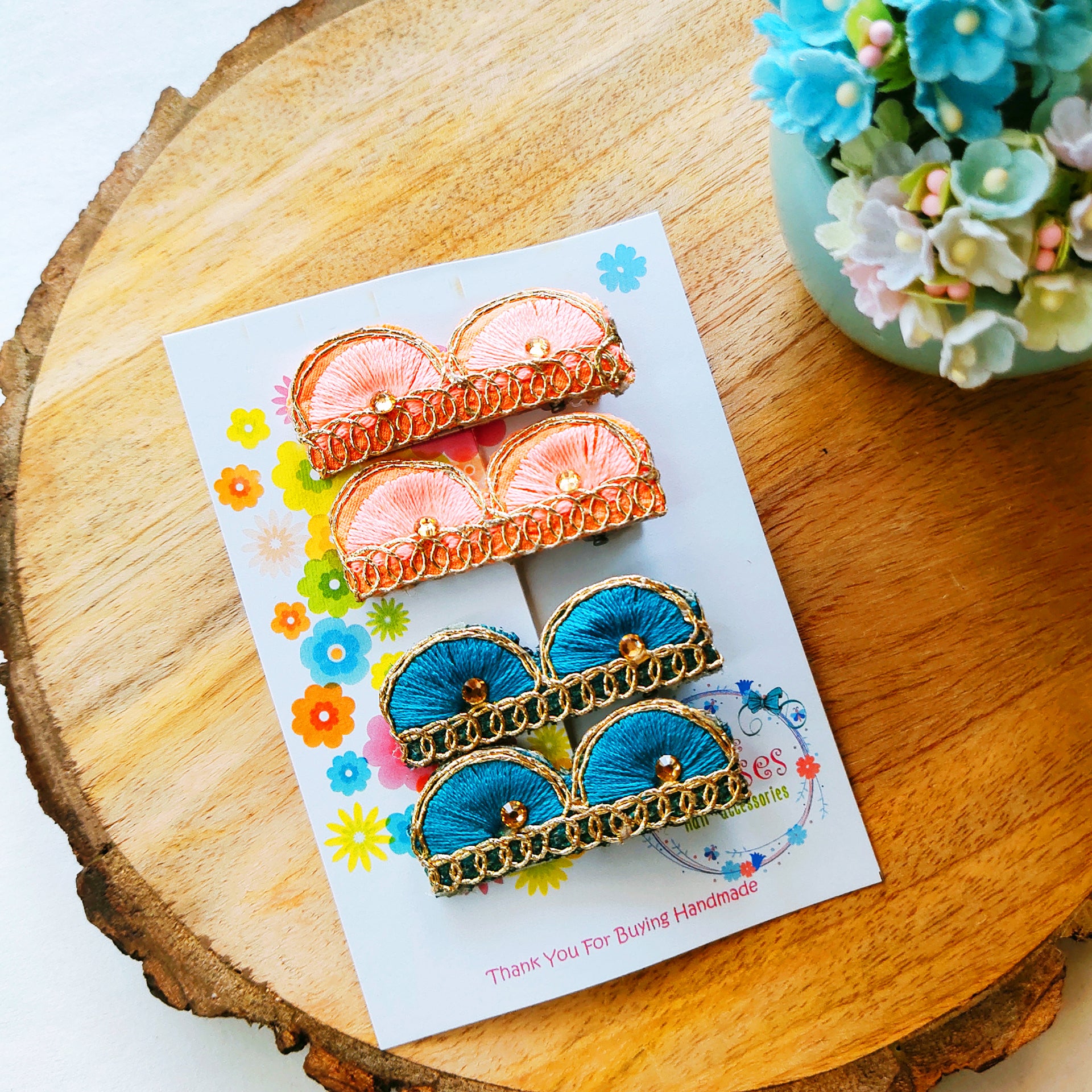 Combo of 2 Scalloped Clip Pairs - Peach & Peacock BLue