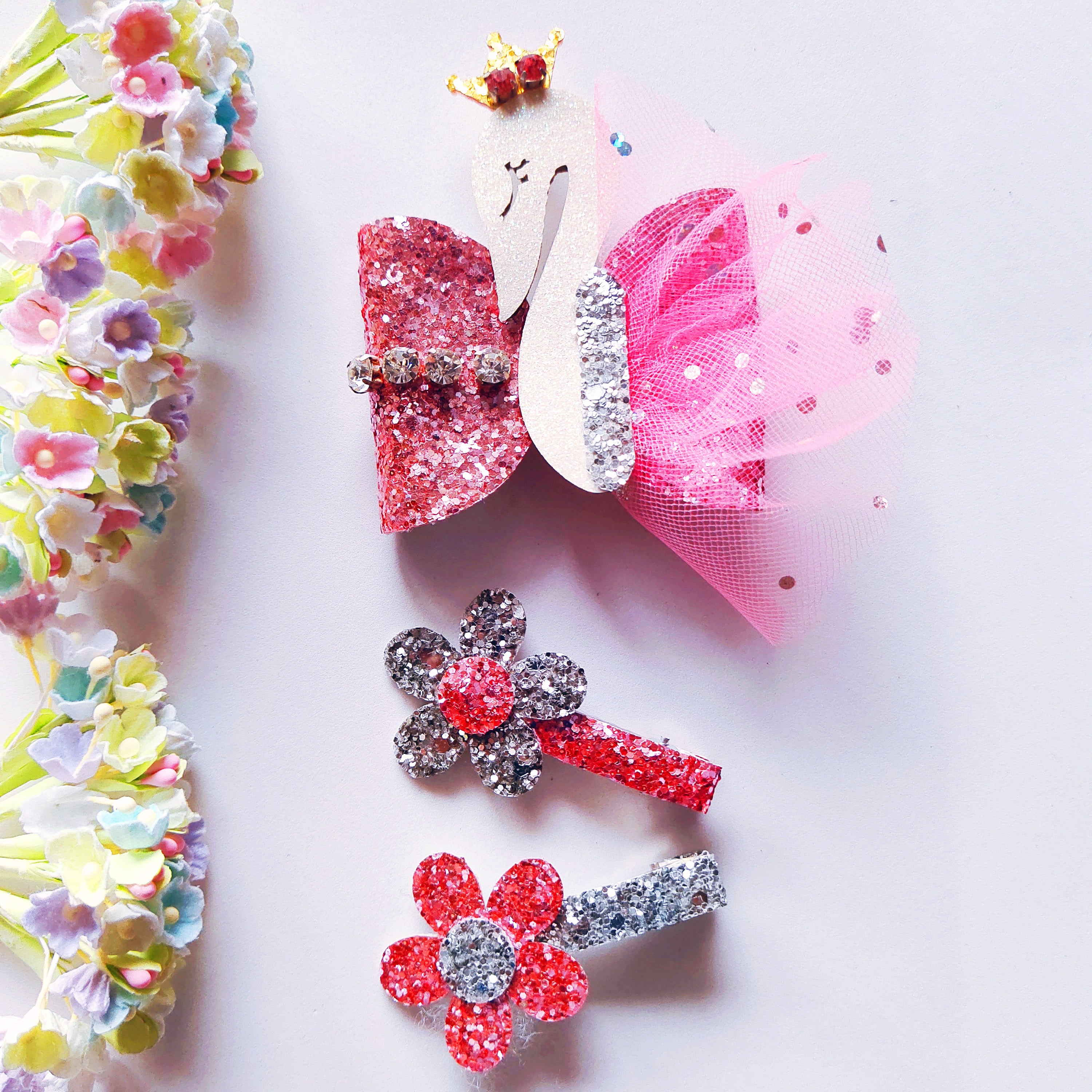 Combo of Swan & 2 Flower Clips - Pink & Silver