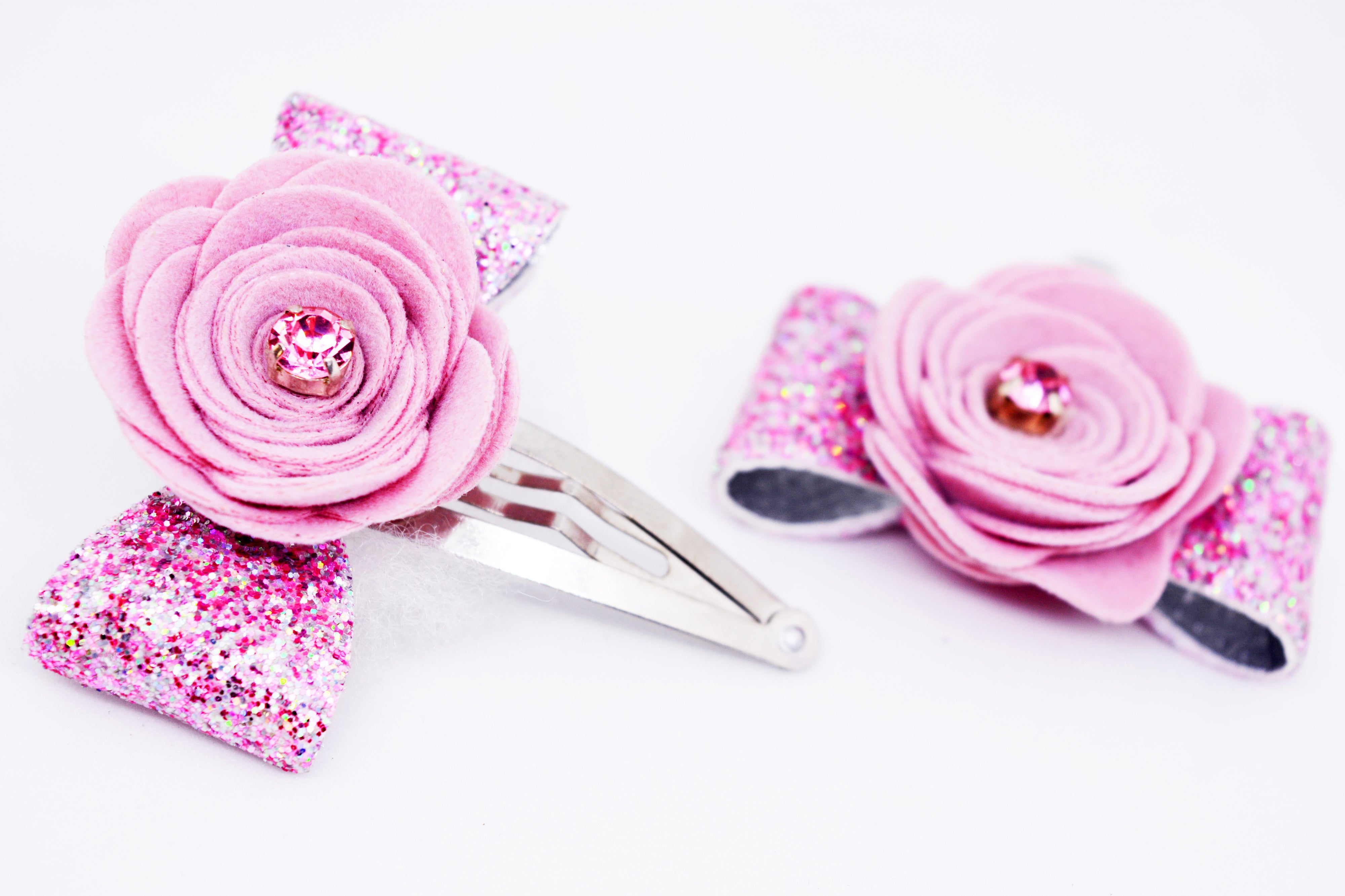 Rose on Bow SnapOn Clip Pair - Light Pink