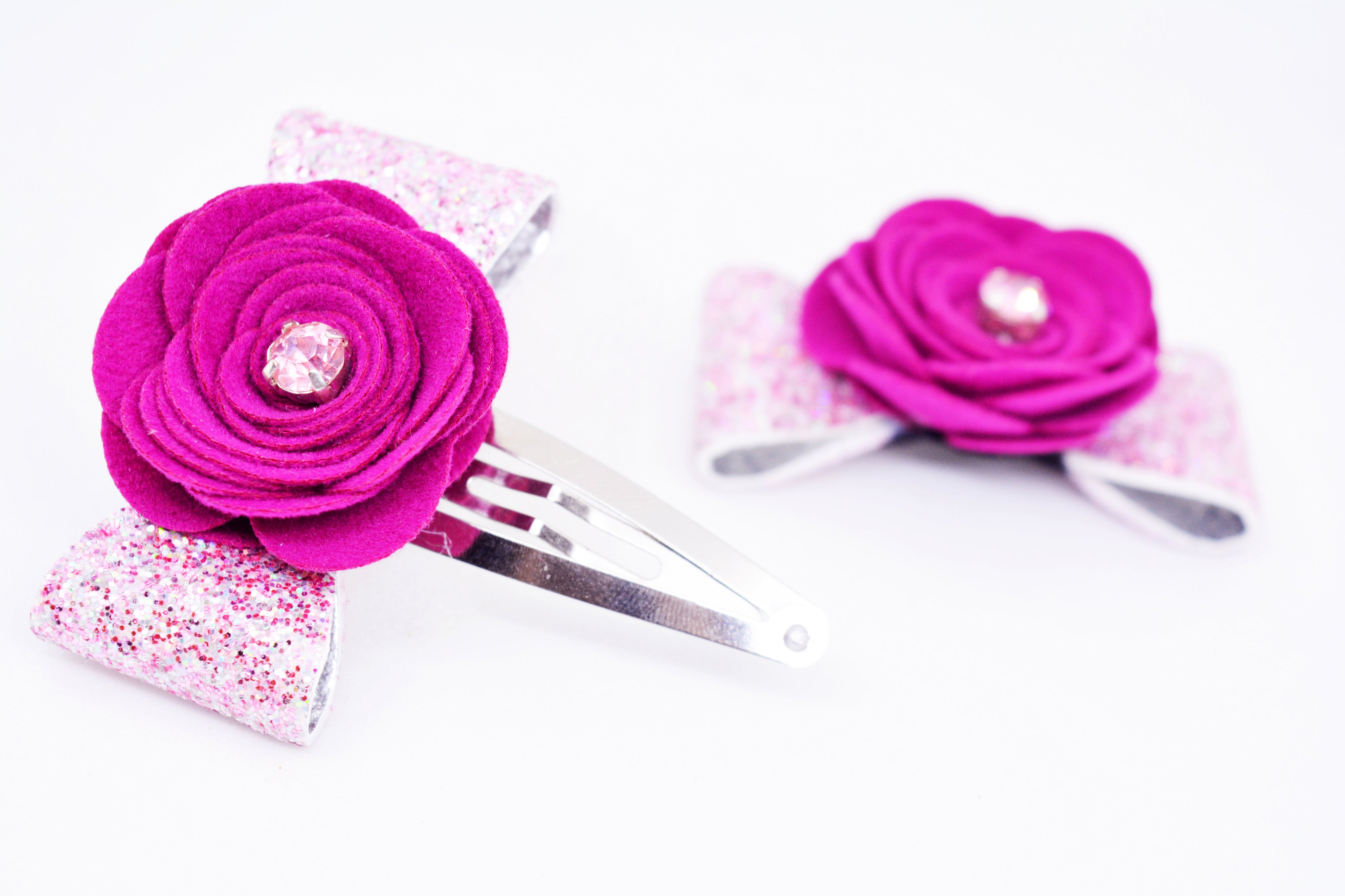 Rose on Bow SnapOn Clip Pair - Pink