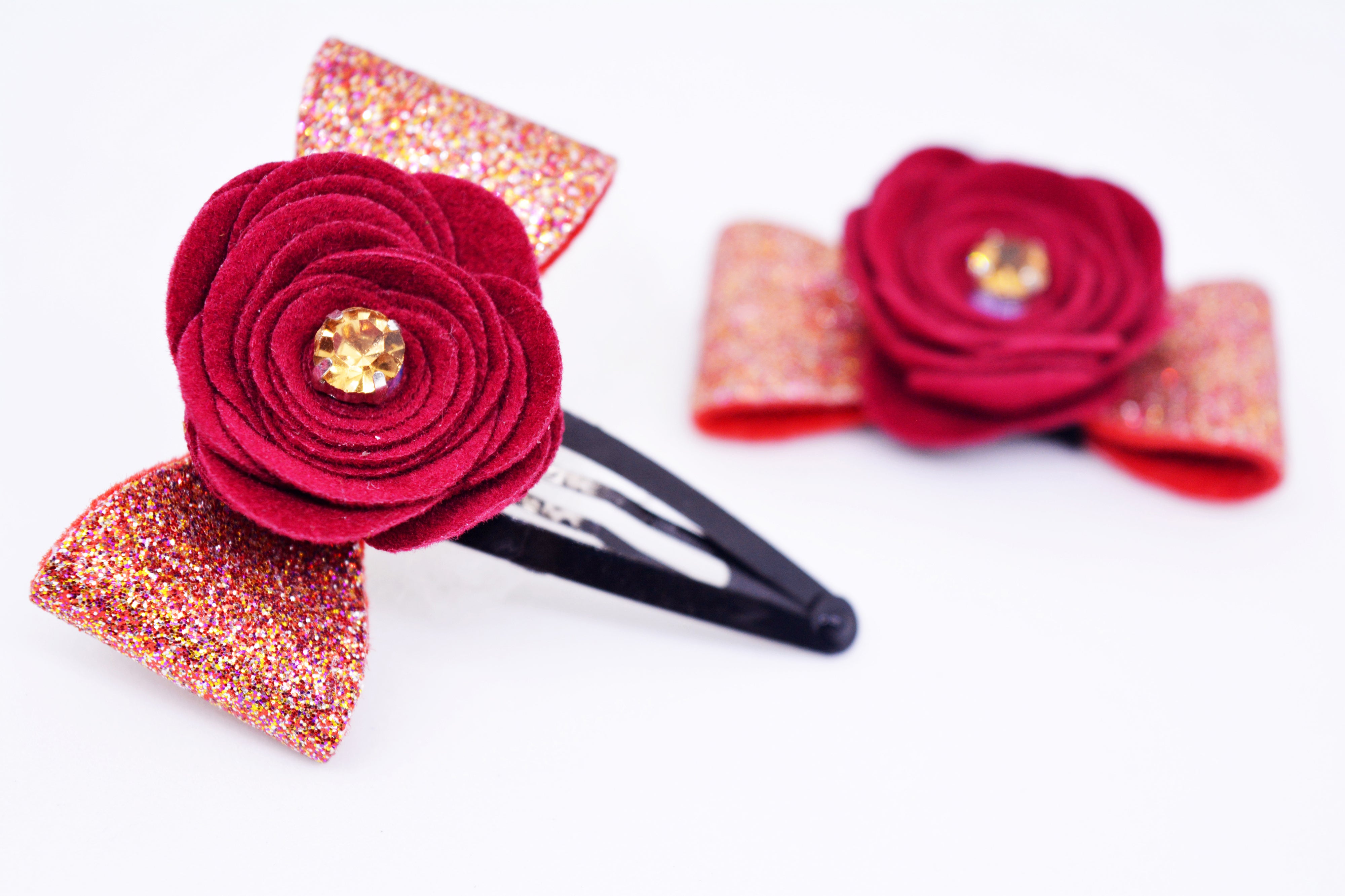 Rose on Bow SnapOn Clip Pair - Maroon