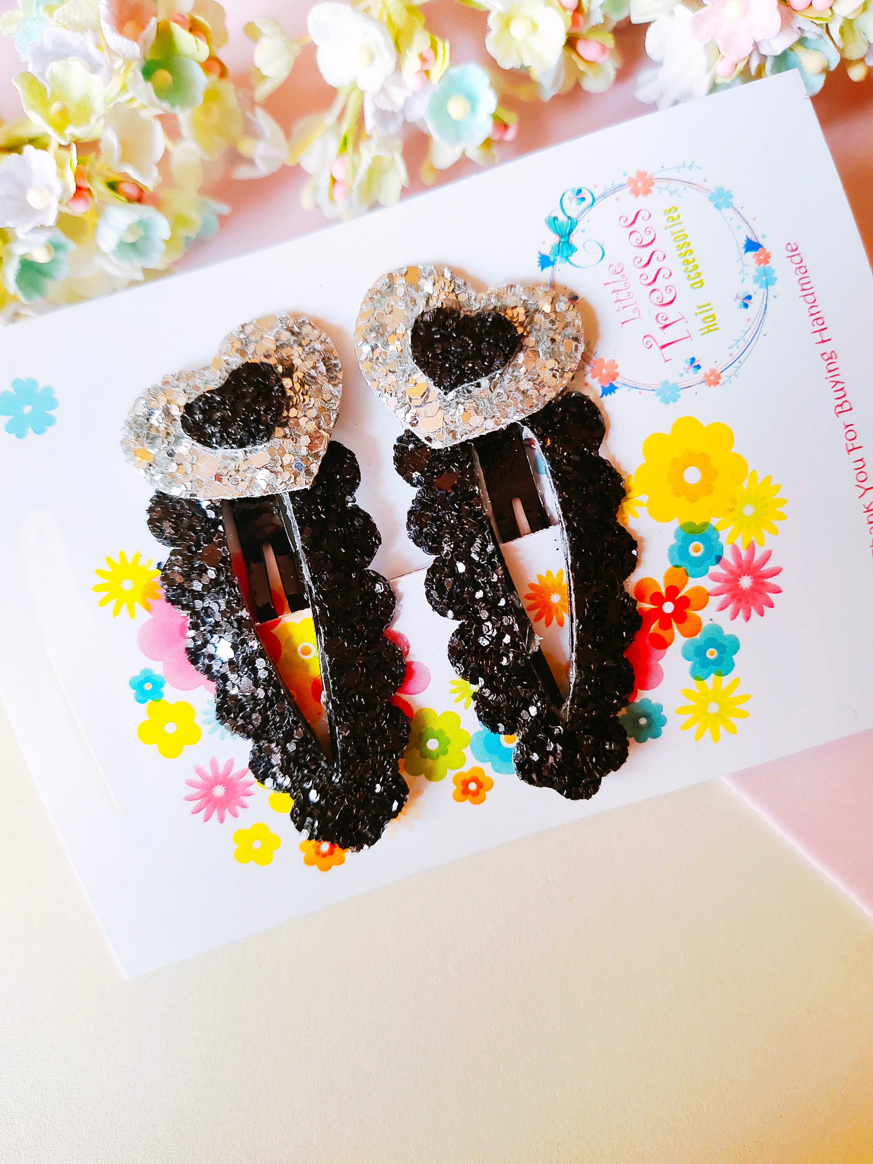 Tilted Hearts SnapOn Clip Pair - Black & Silver