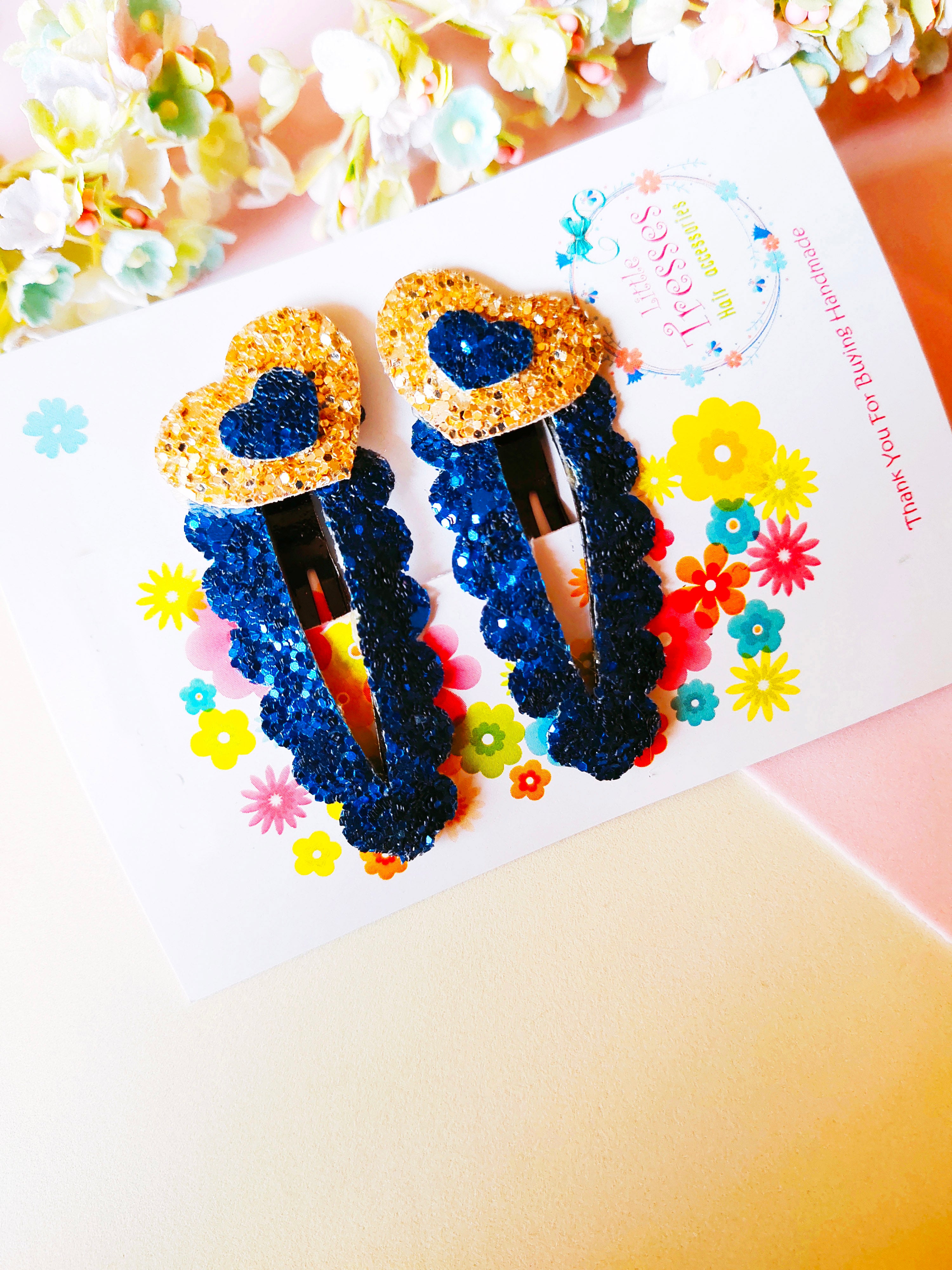 Tilted Hearts SnapOn Clip Pair - Navy Blue & Golden