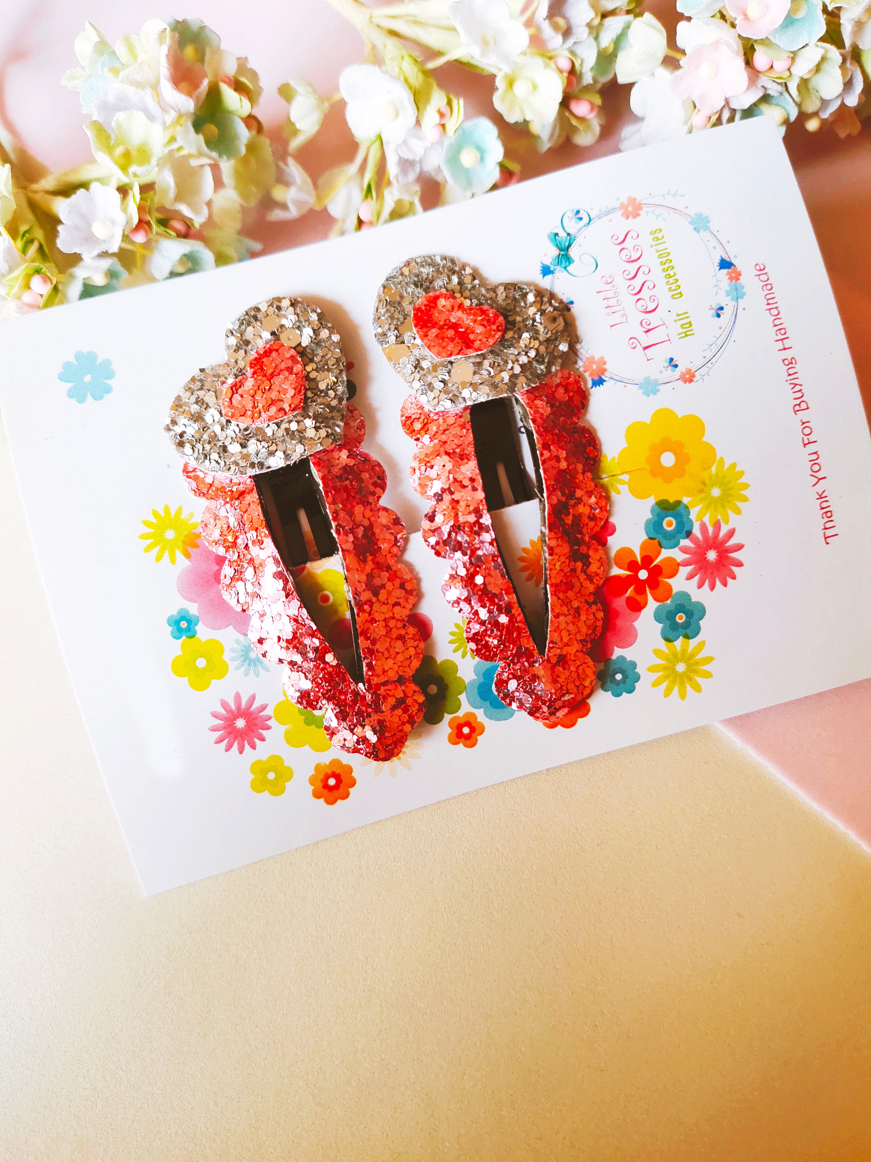 Tilted Hearts SnapOn Clip Pair - Light Pink & Silver