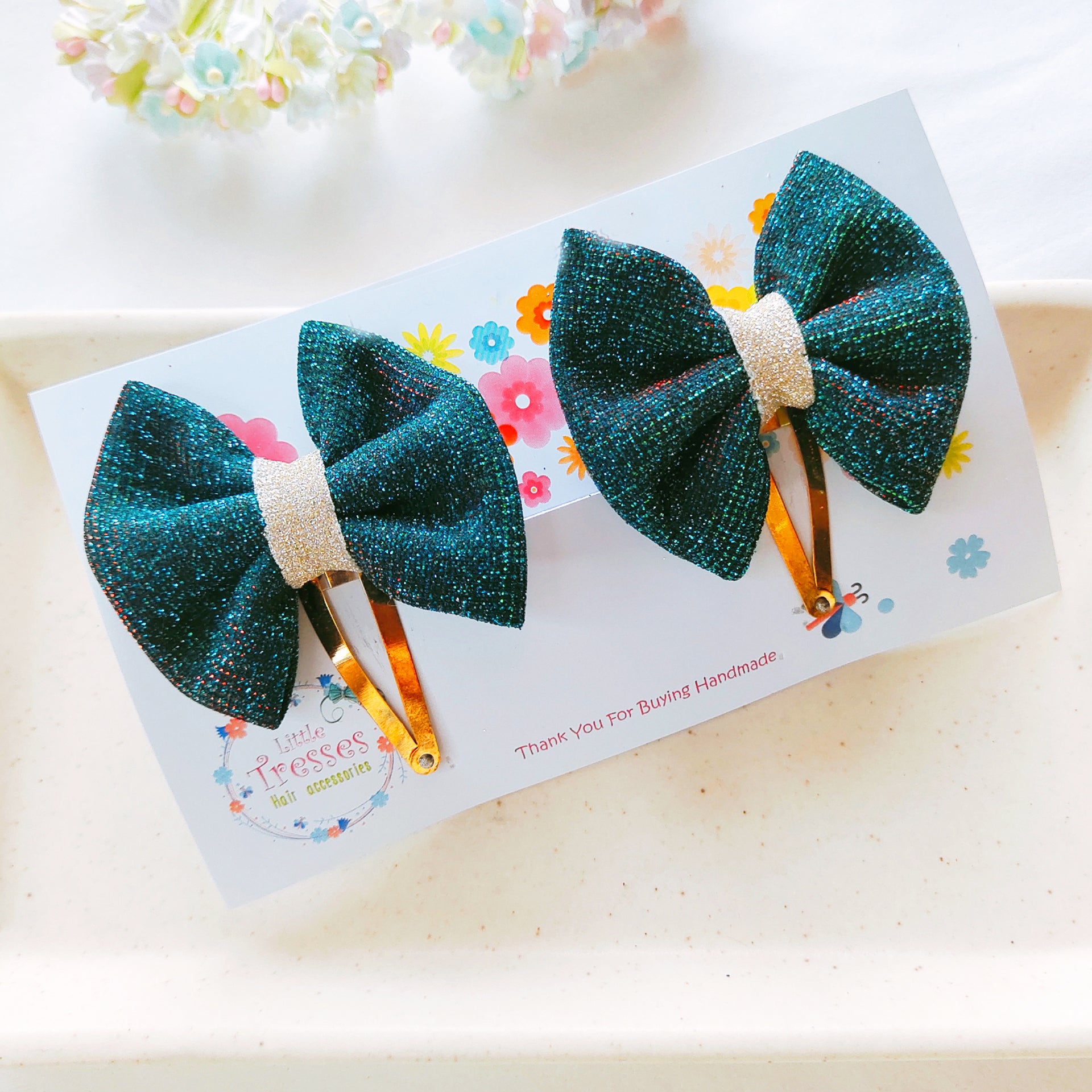 Shimmer Bow SnapOn Clip Pair - Dark Green