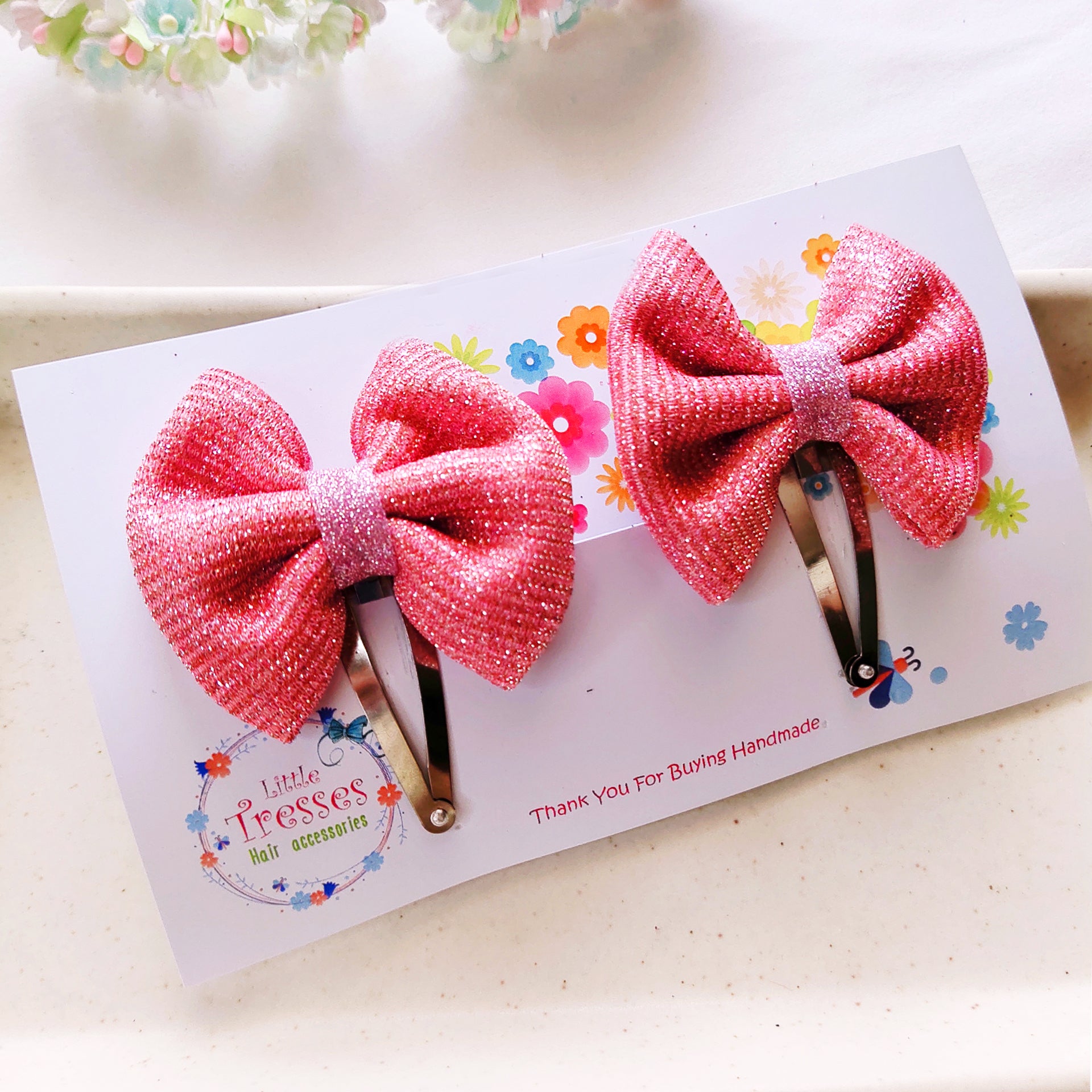 Shimmer Bow SnapOn Clip Pair - Light Pink