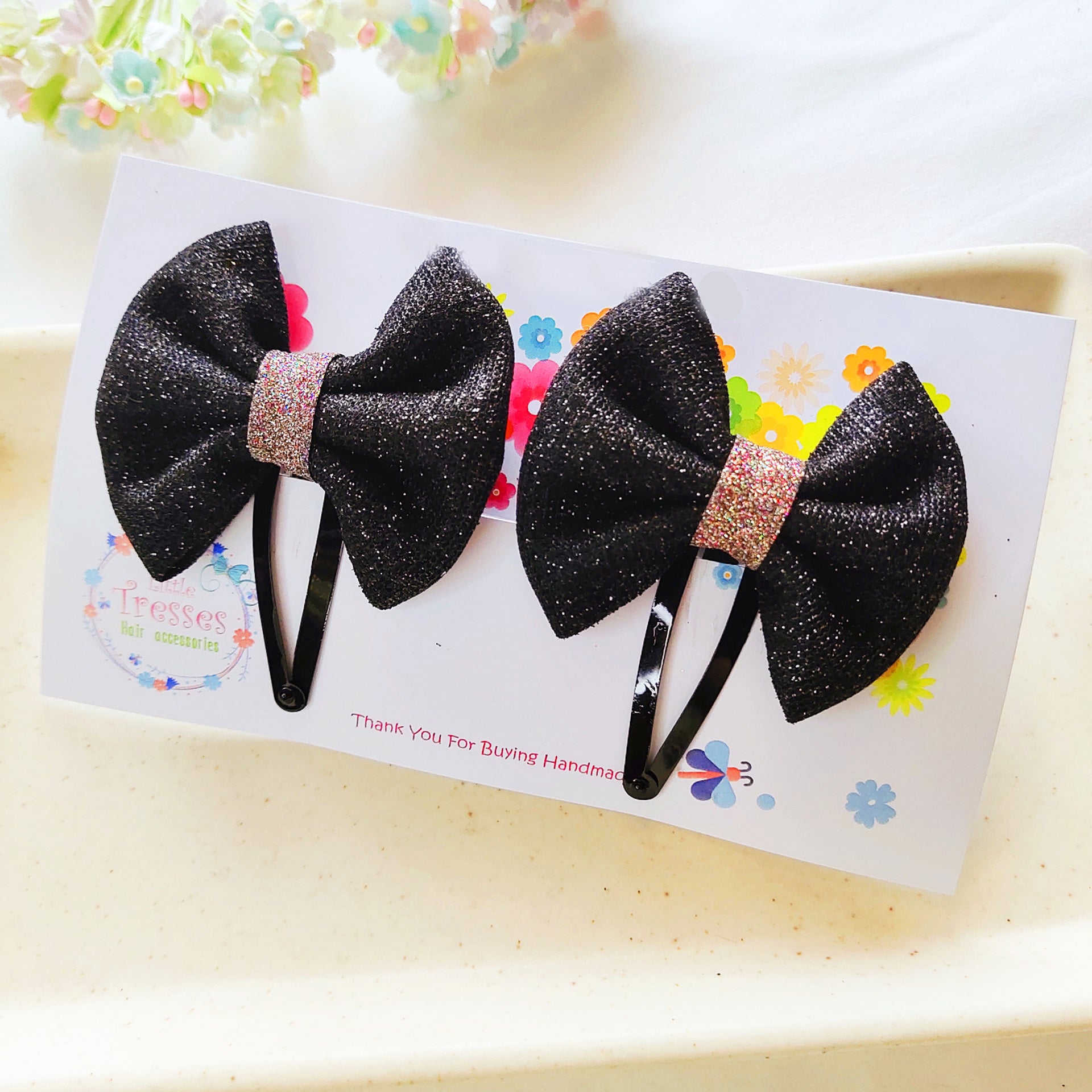 Shimmer Bow SnapOn Clip Pair - Black