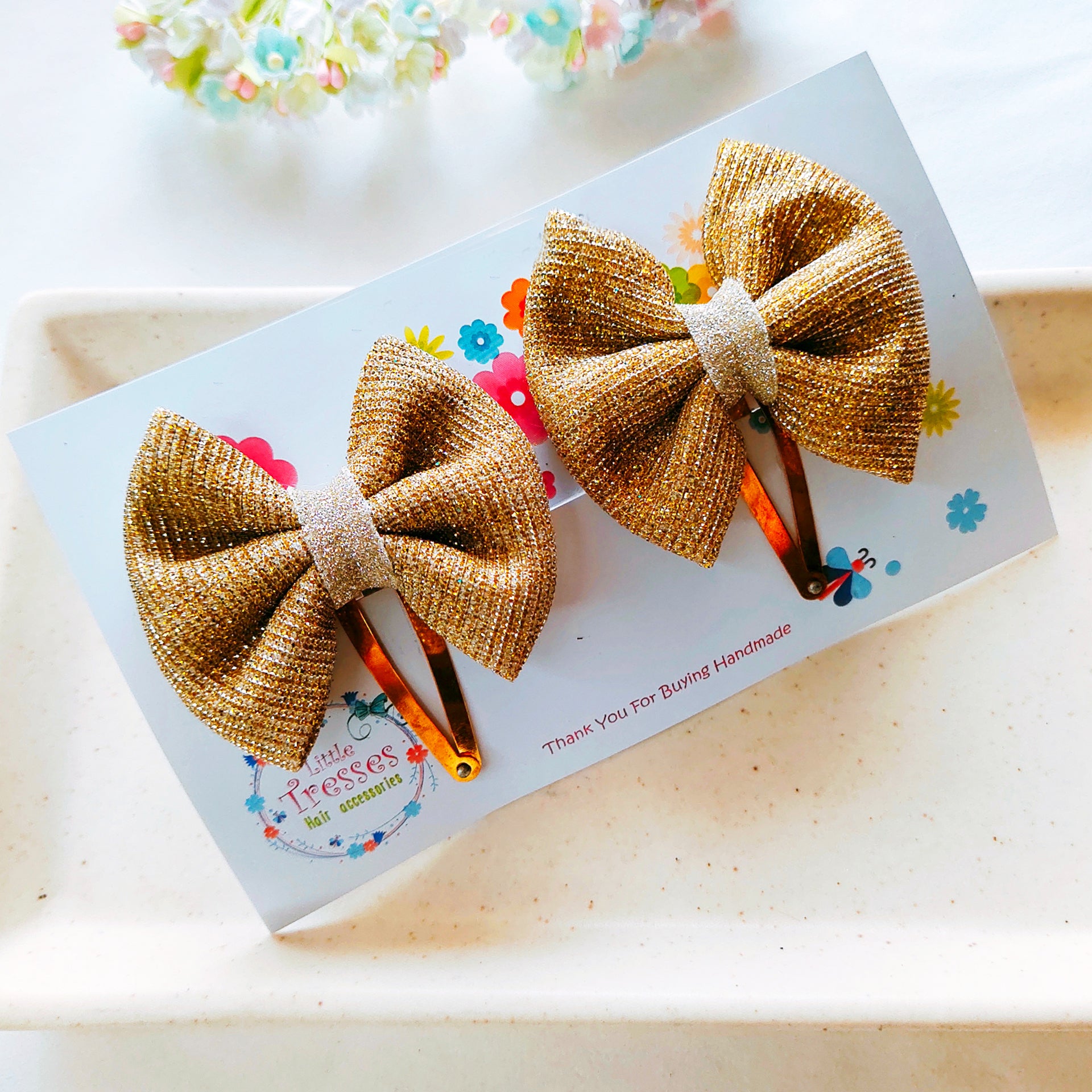 Shimmer Bow SnapOn Clip Pair - Golden