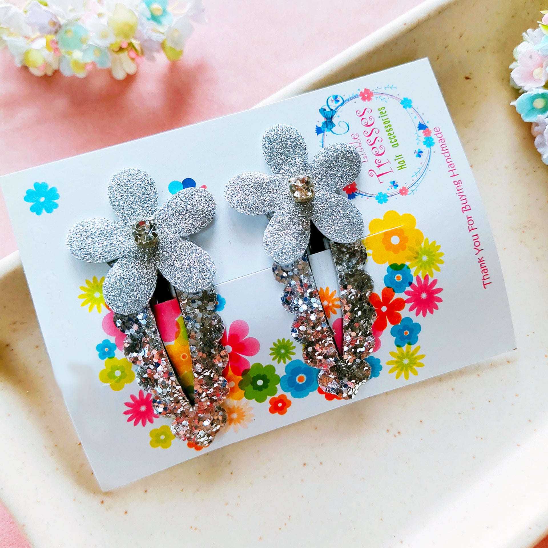 Flower SnapOn Clip Pair - Silver