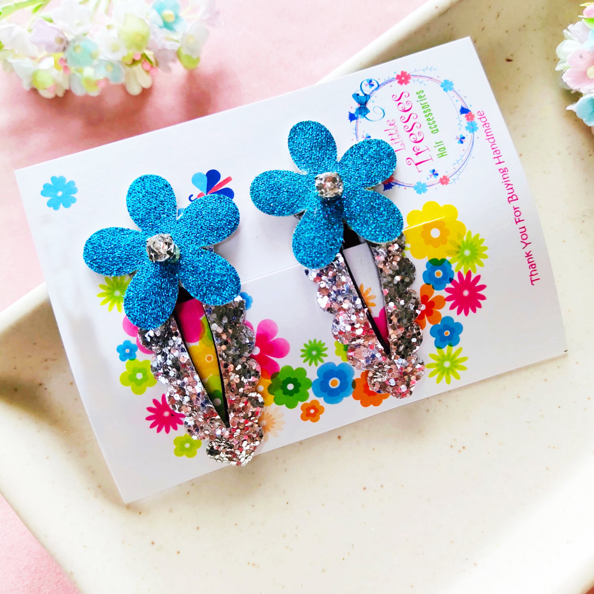 Flower SnapOn Clip Pair - Light Blue