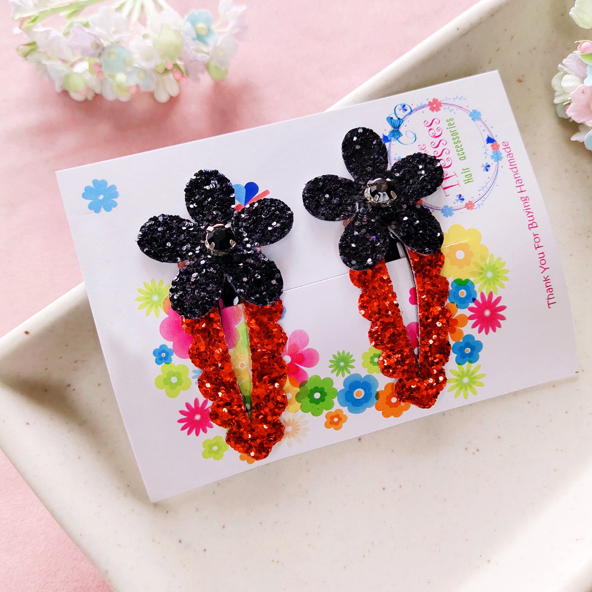 Flower SnapOn Clip Pair - Black & Red