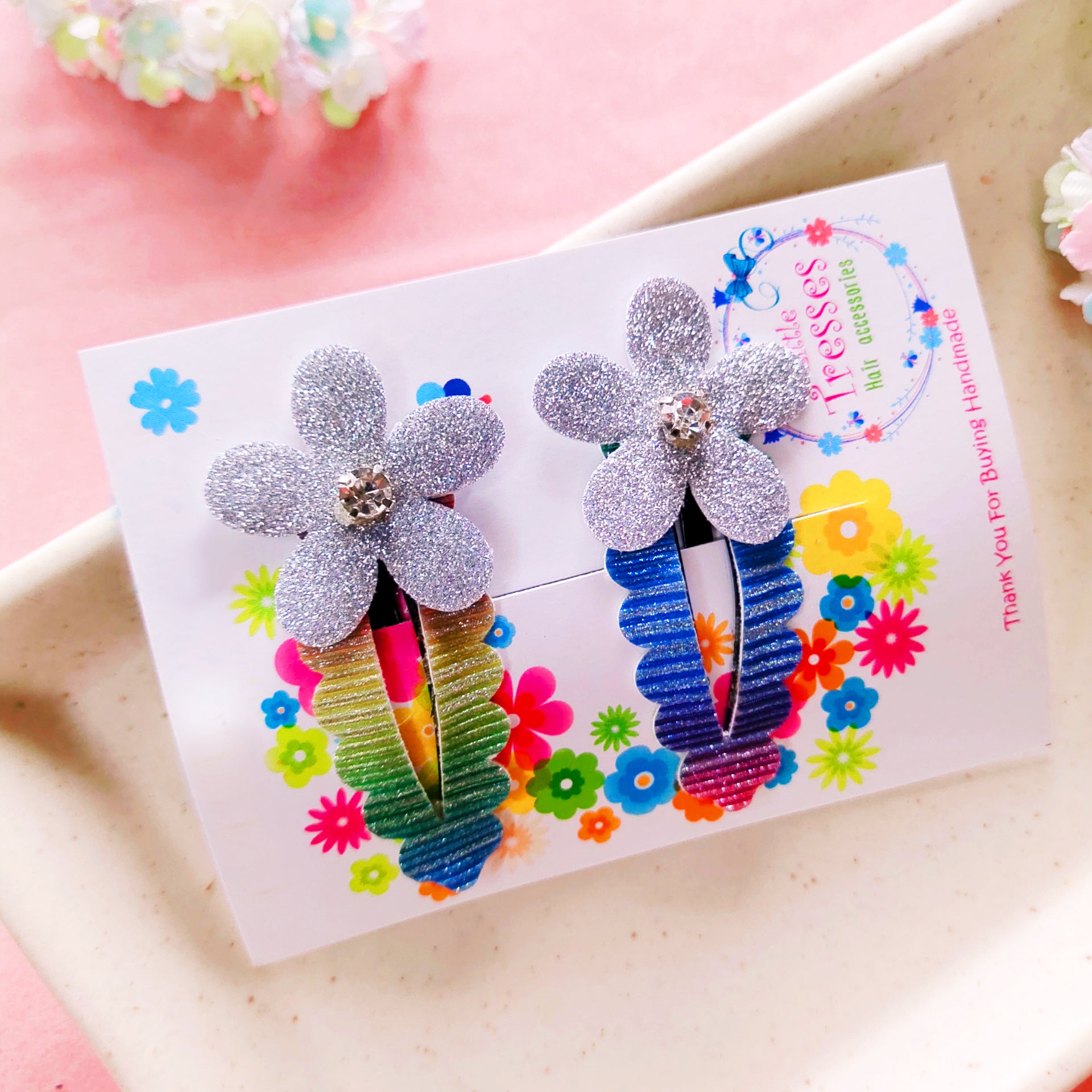 Flower SnapOn Clip Pair - Multicolor Silver