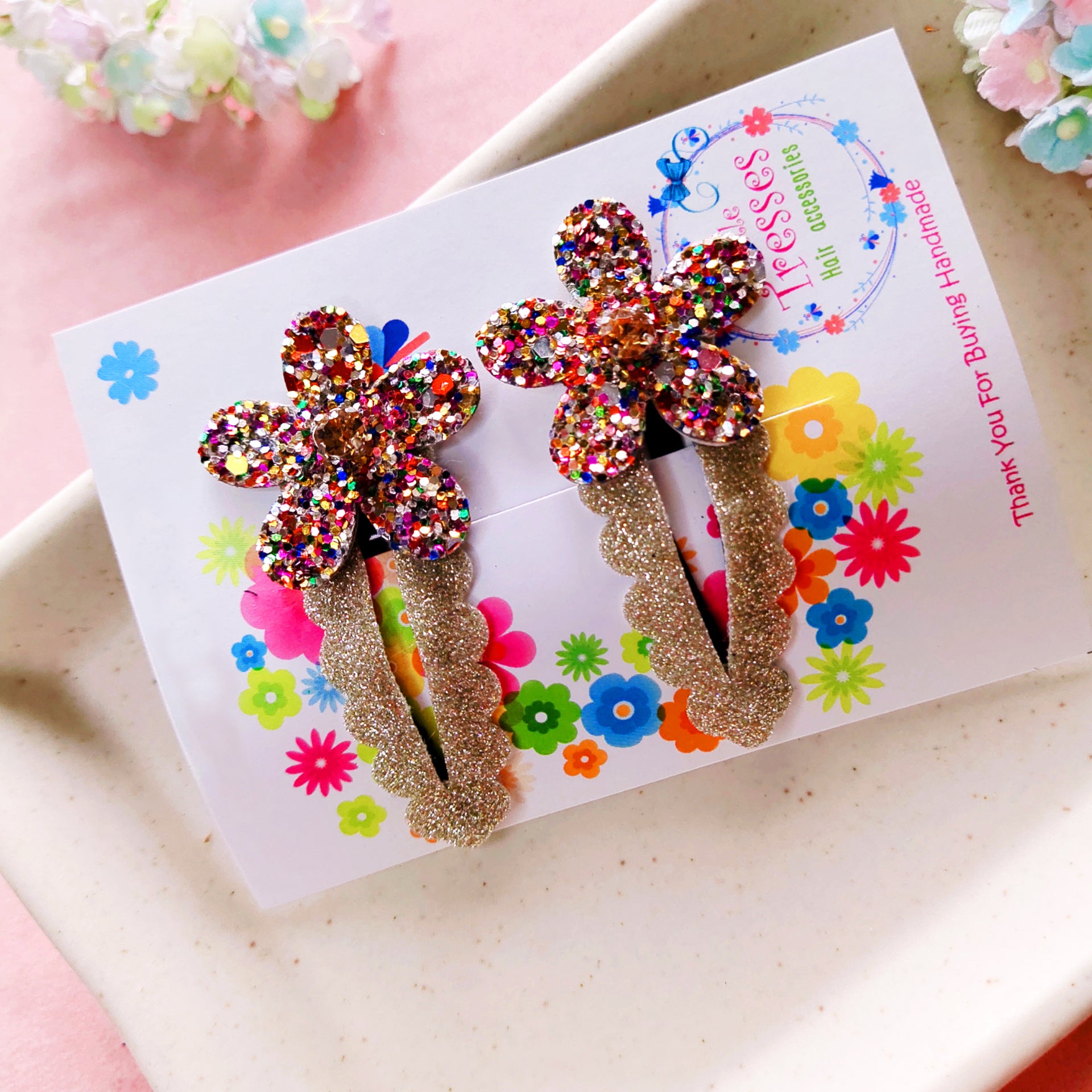 Flower SnapOn Clip Pair - Multicolor Golden