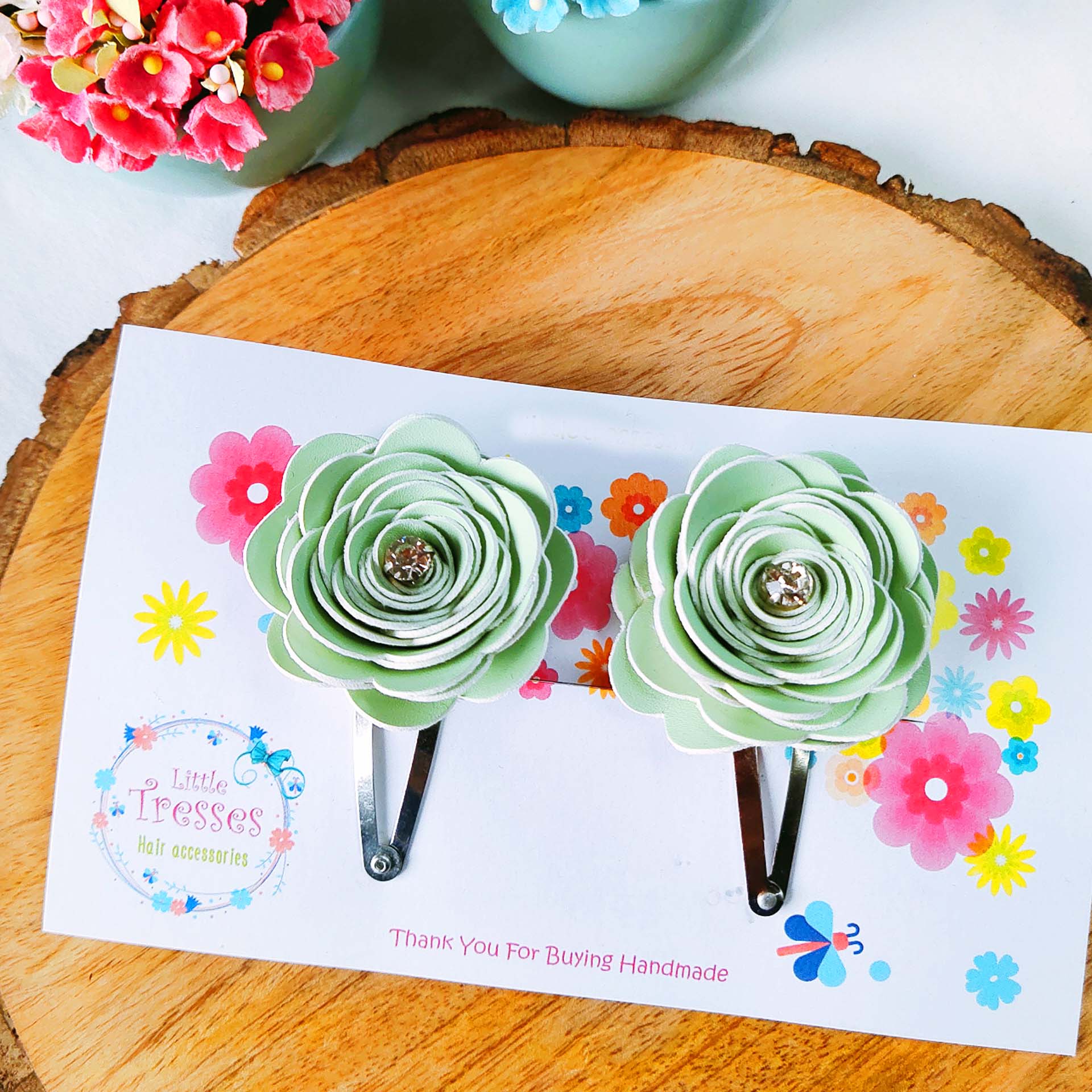 Rose Flower SnapOn Clip Pair - Pista Green